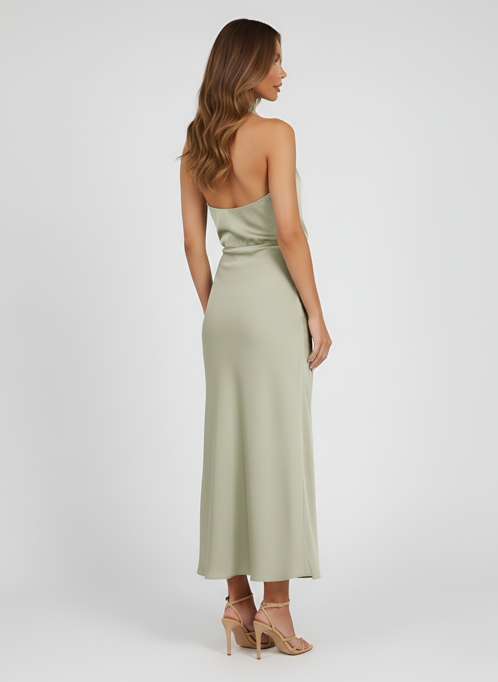 Rochie midi de damă cu gât halter, fără mâneci, cu talie drapată