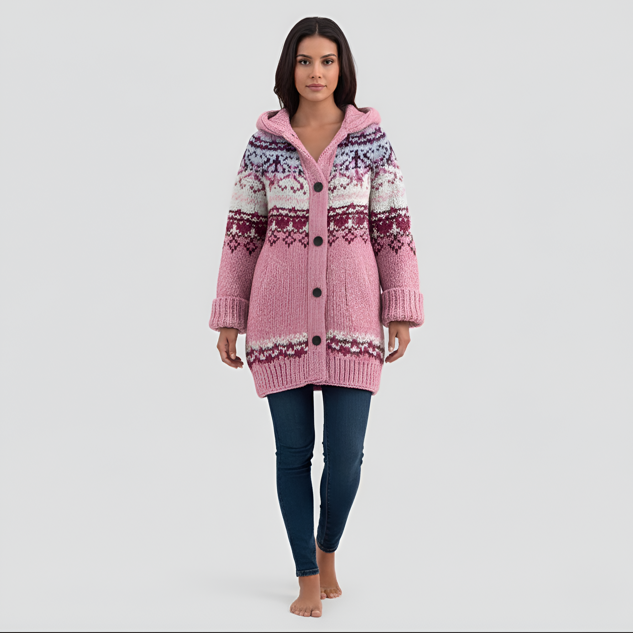 Cardigan gros tricotat cu glugă pentru femei, cu nasturi în față, pulover de iarnă