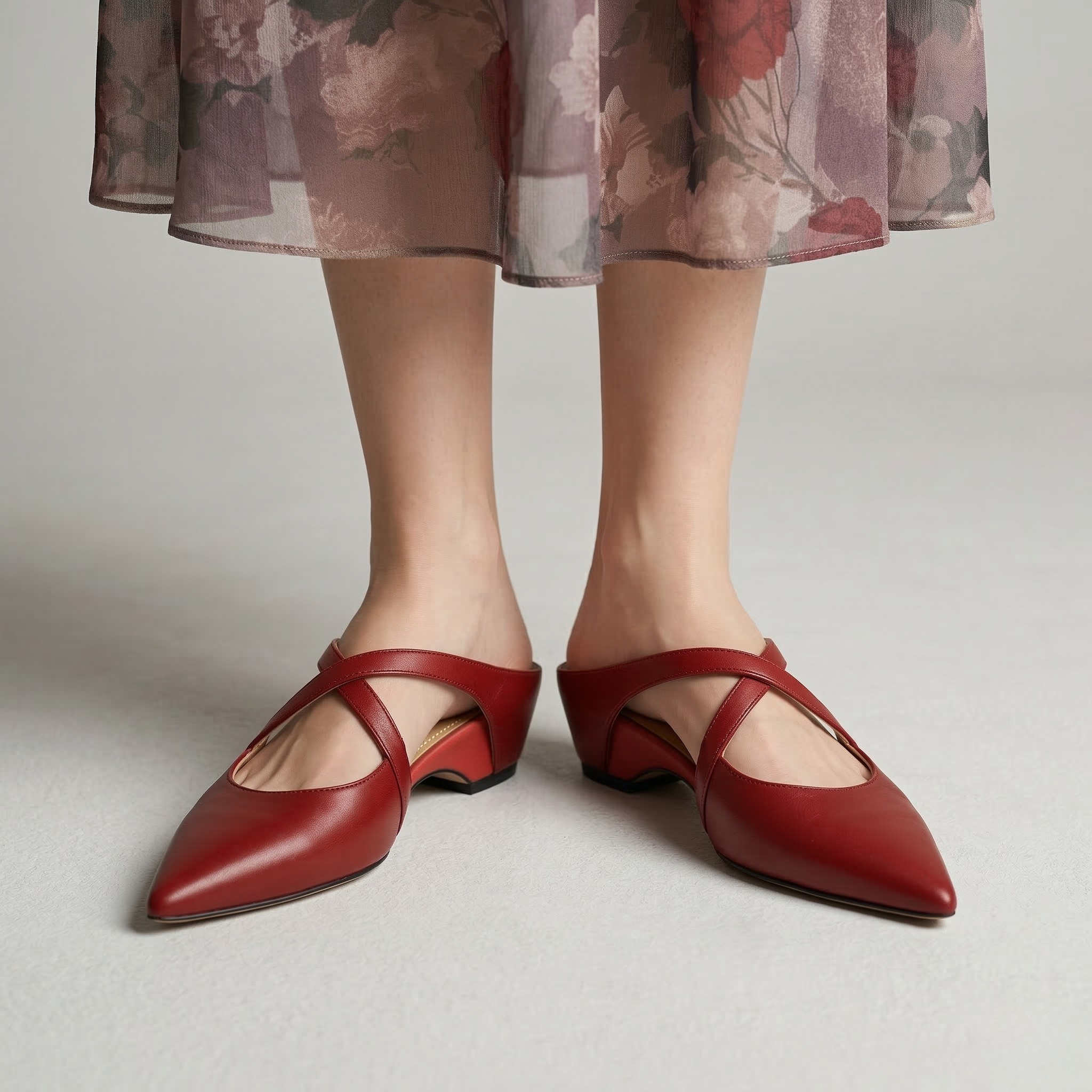 Women’s Pointed Toe Mules Low Heel Slip On Cross Strap Dress Shoes