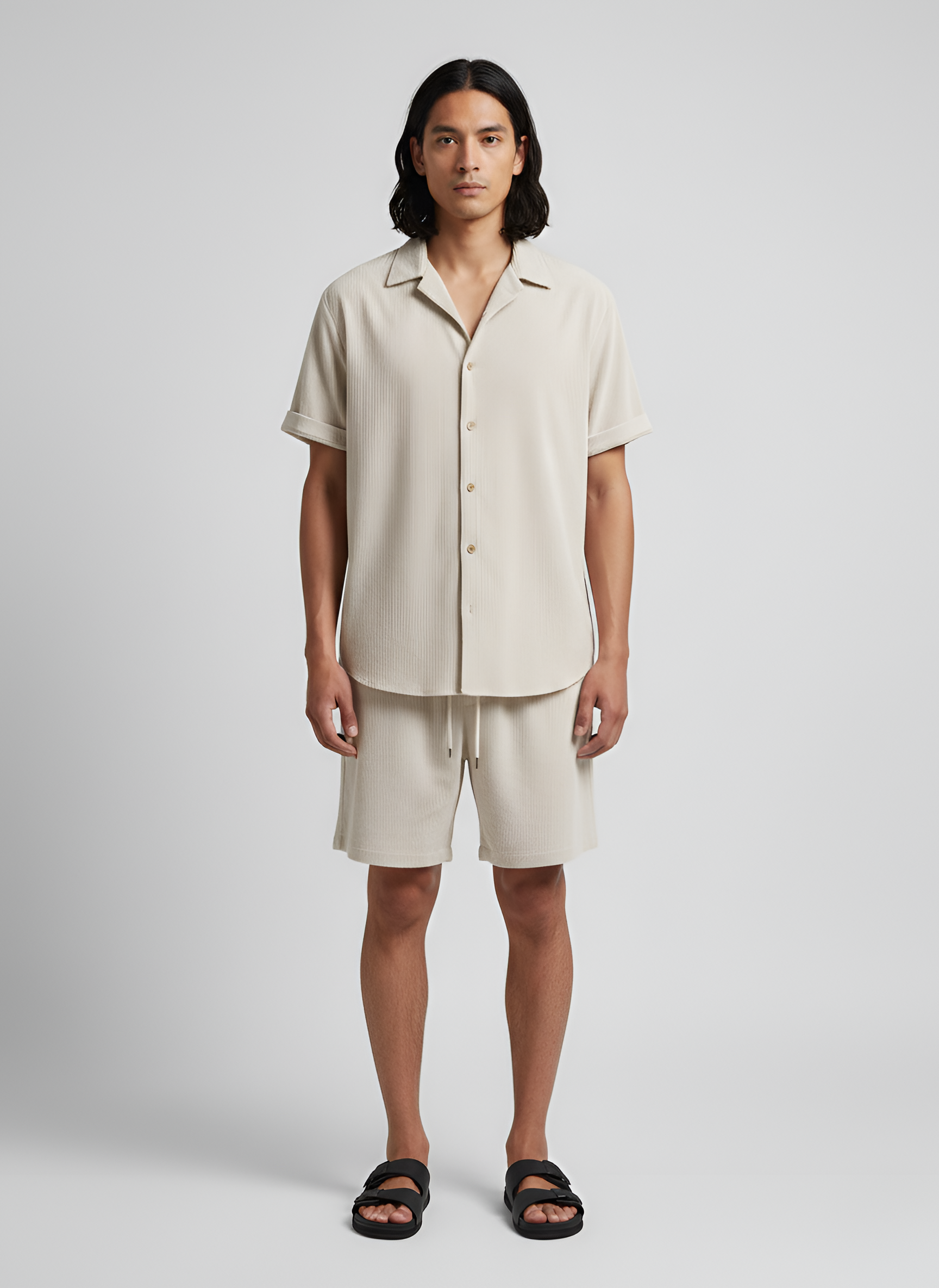 Σετ Ανδρικό Πουκάμισο με Κοντό Μανίκι και Βερμούδα με Κορδόνι από Βαμβακερό Κοτλέ για Καθημερινή Χρήση