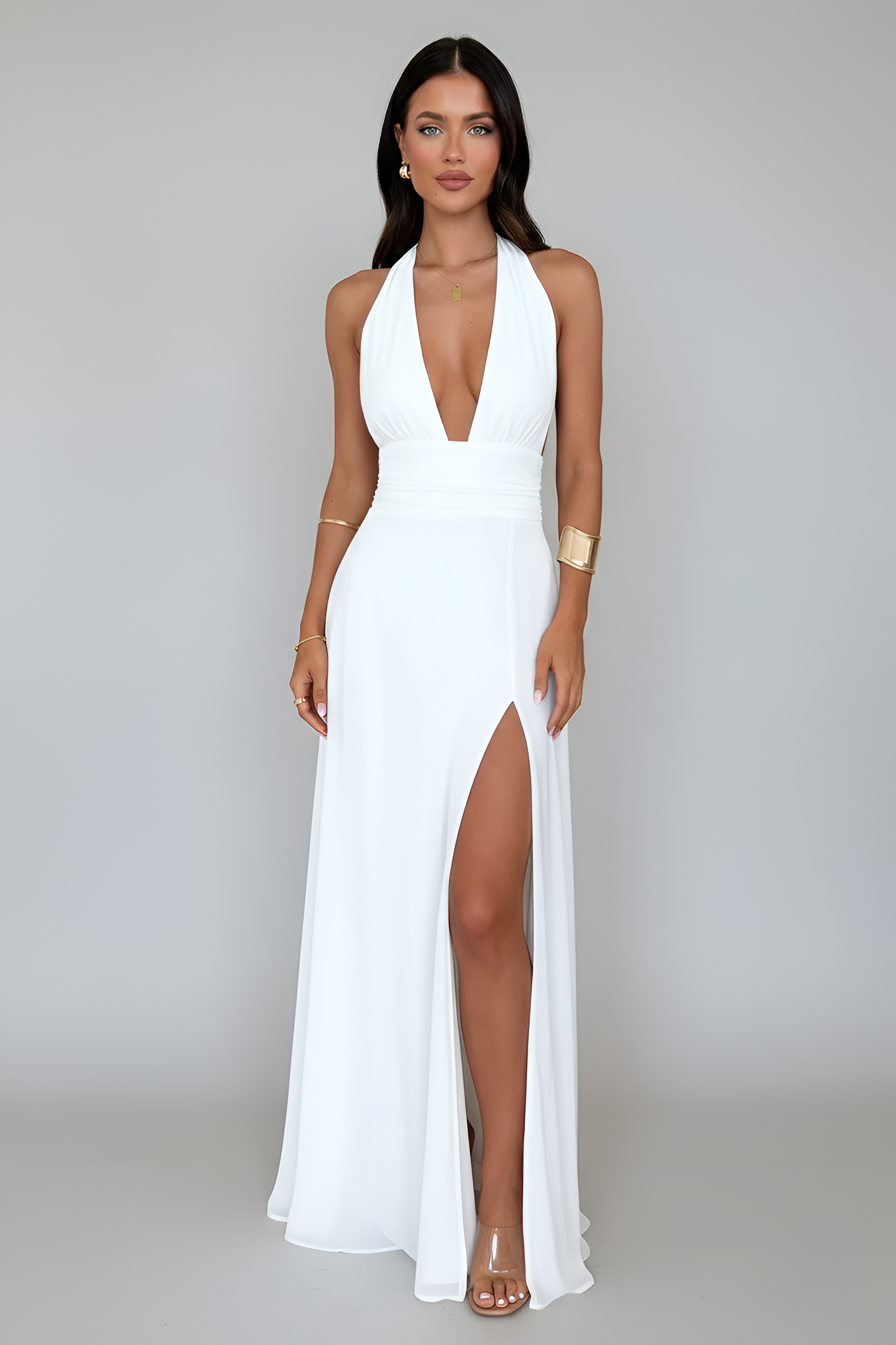 Women’s Halter Neck Maxi Dress with High Slit Evening Gown