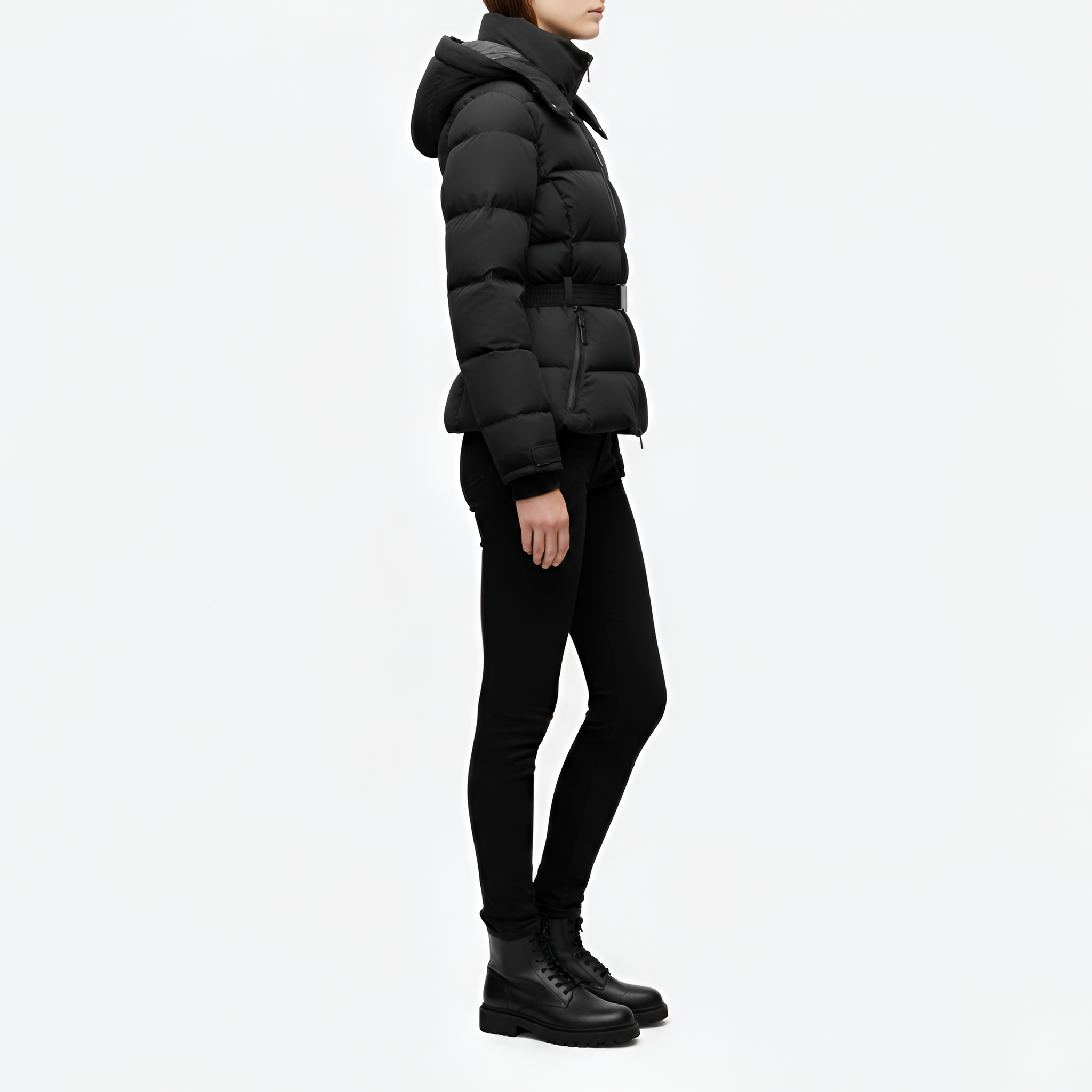 Women’s belted puffer jacket hooded insulated winter coat