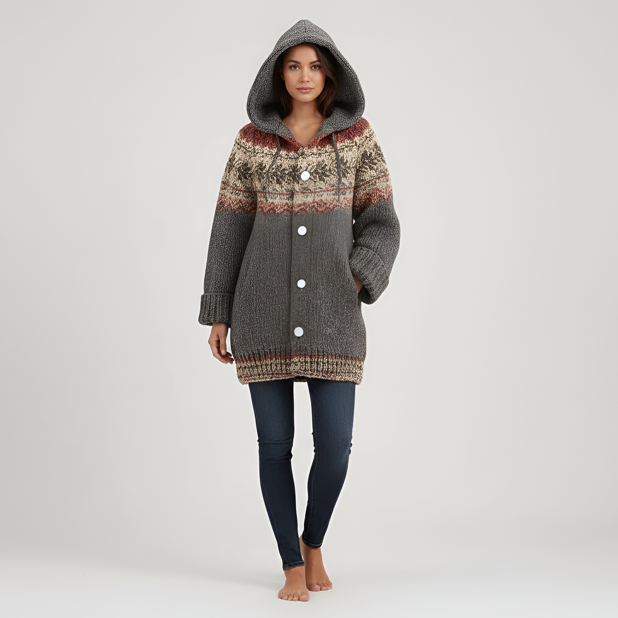 Cardigan gros tricotat cu glugă pentru femei, cu nasturi în față, pulover de iarnă