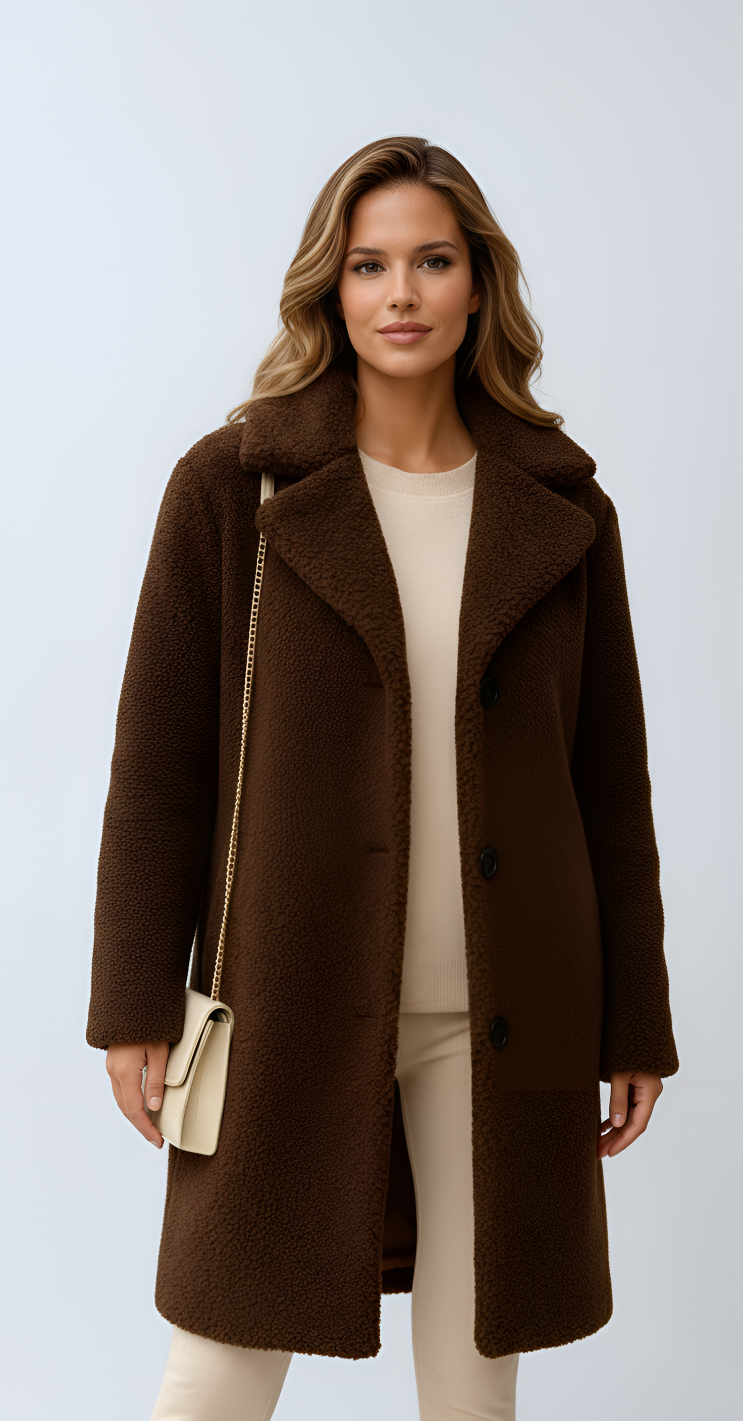 Damejakke i imiteret lammeskind, mellemlang, med knapper foran, vinterjakke