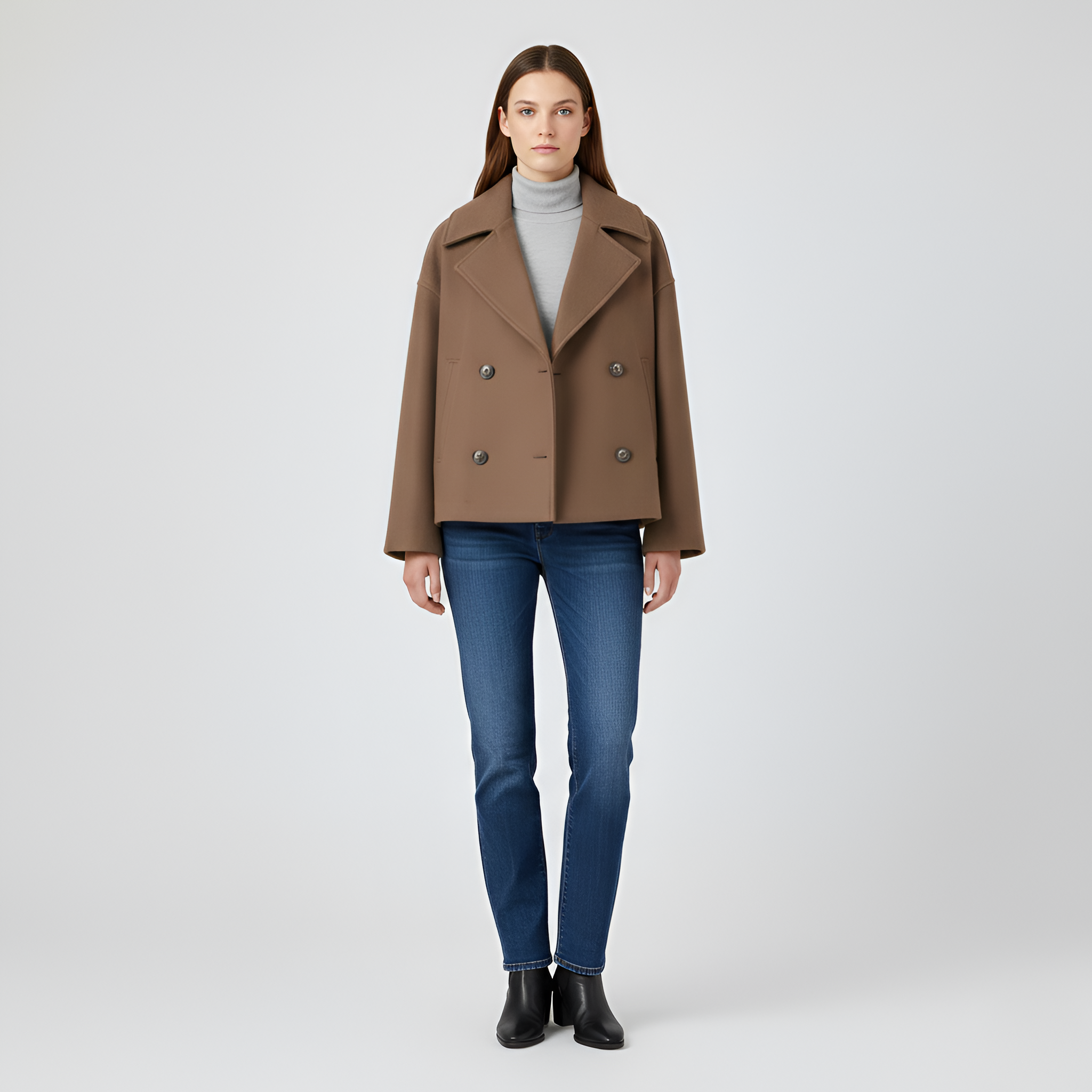 Damekort uldjakke dobbeltradet frakke med hakkrave