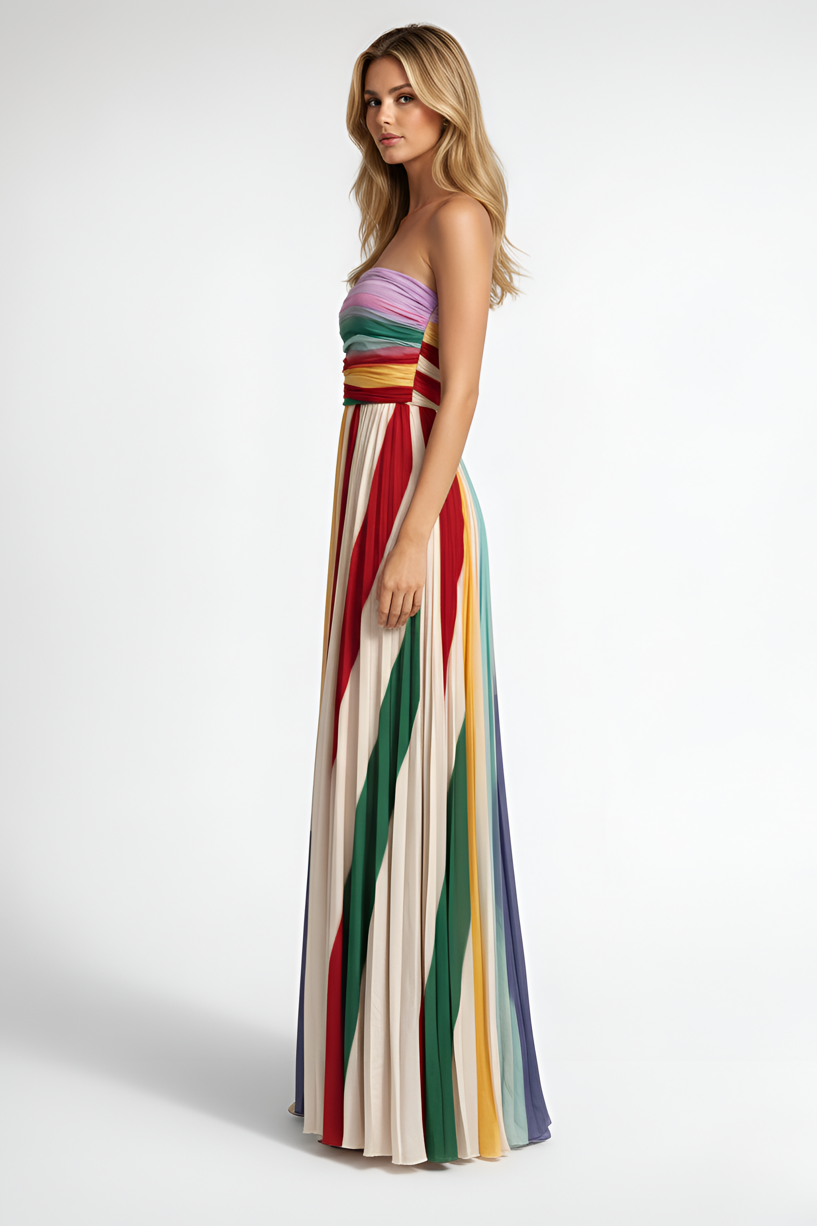 Rochie lungă plisată fără bretele pentru femei cu model imprimat