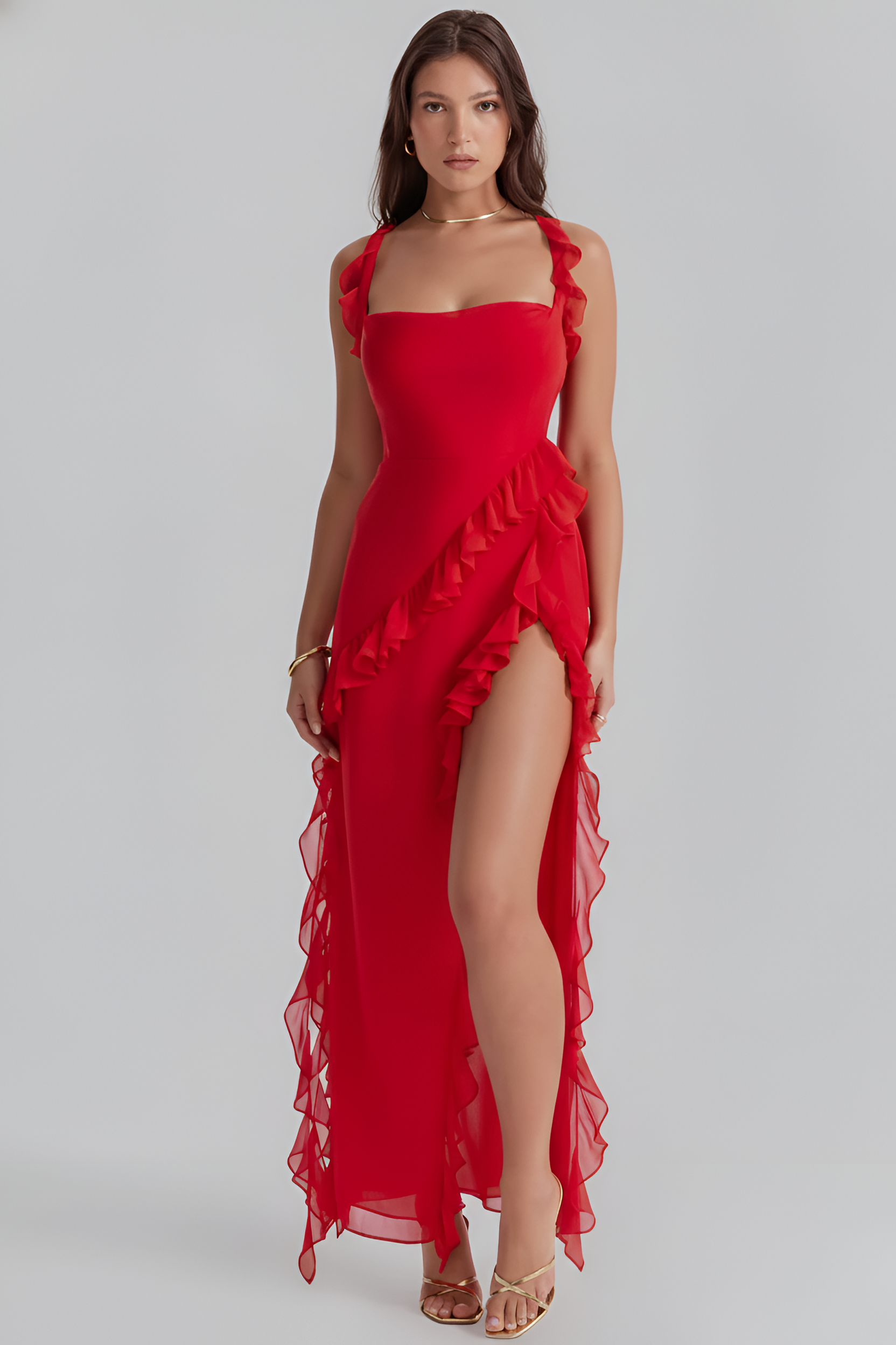 Γυναικείο Μακρύ Φόρεμα με Βολάν και Άνοιγμα, Αμάνικο Βραδινό Φόρεμα από Σιφόν