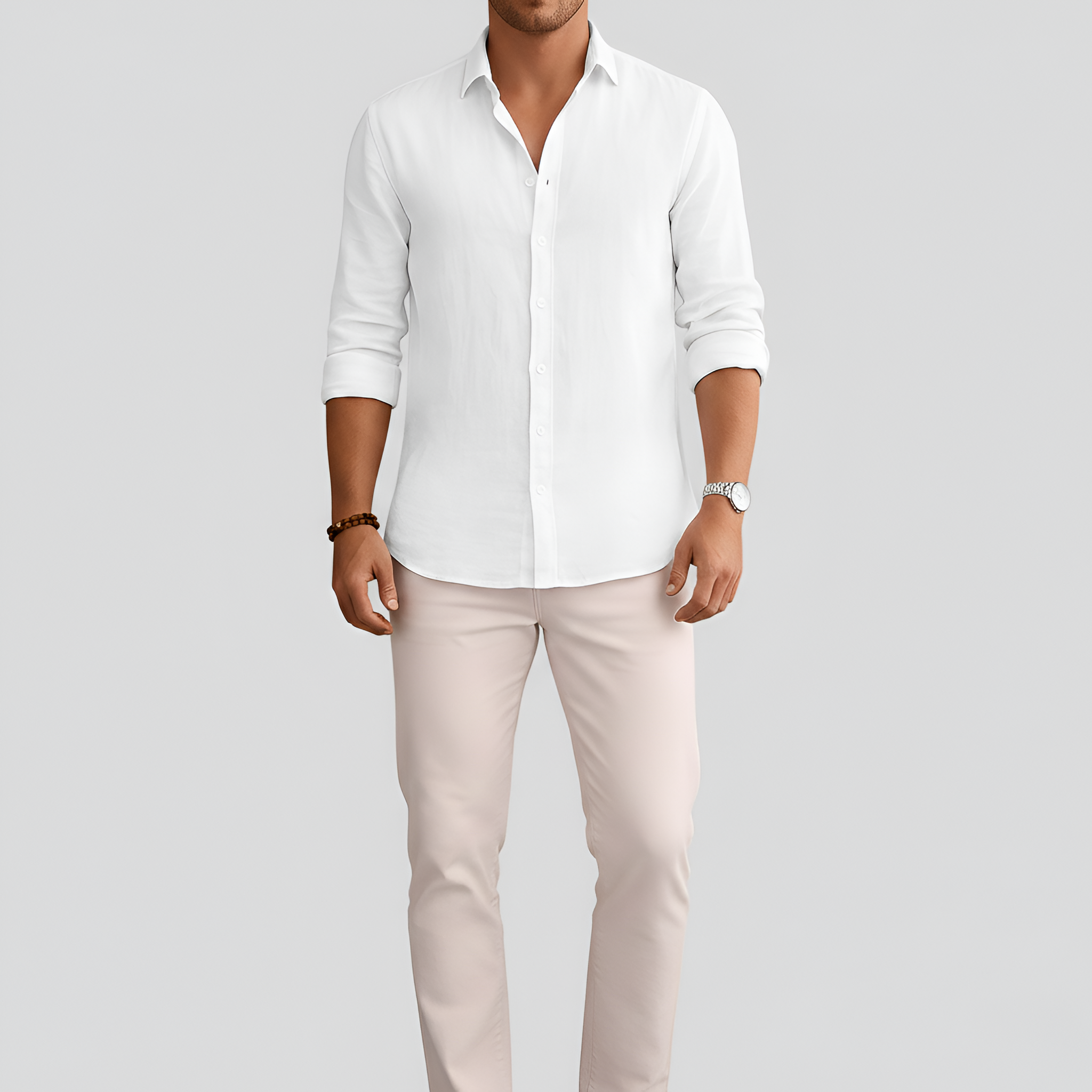 Camisa de lino para hombre con botones, manga larga, ajuste casual