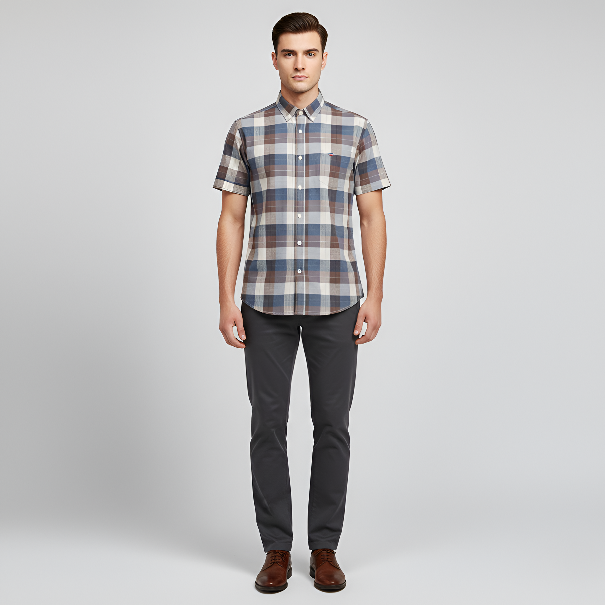 Męska koszula z krótkim rękawem z bawełny zapinana na guziki w kratę