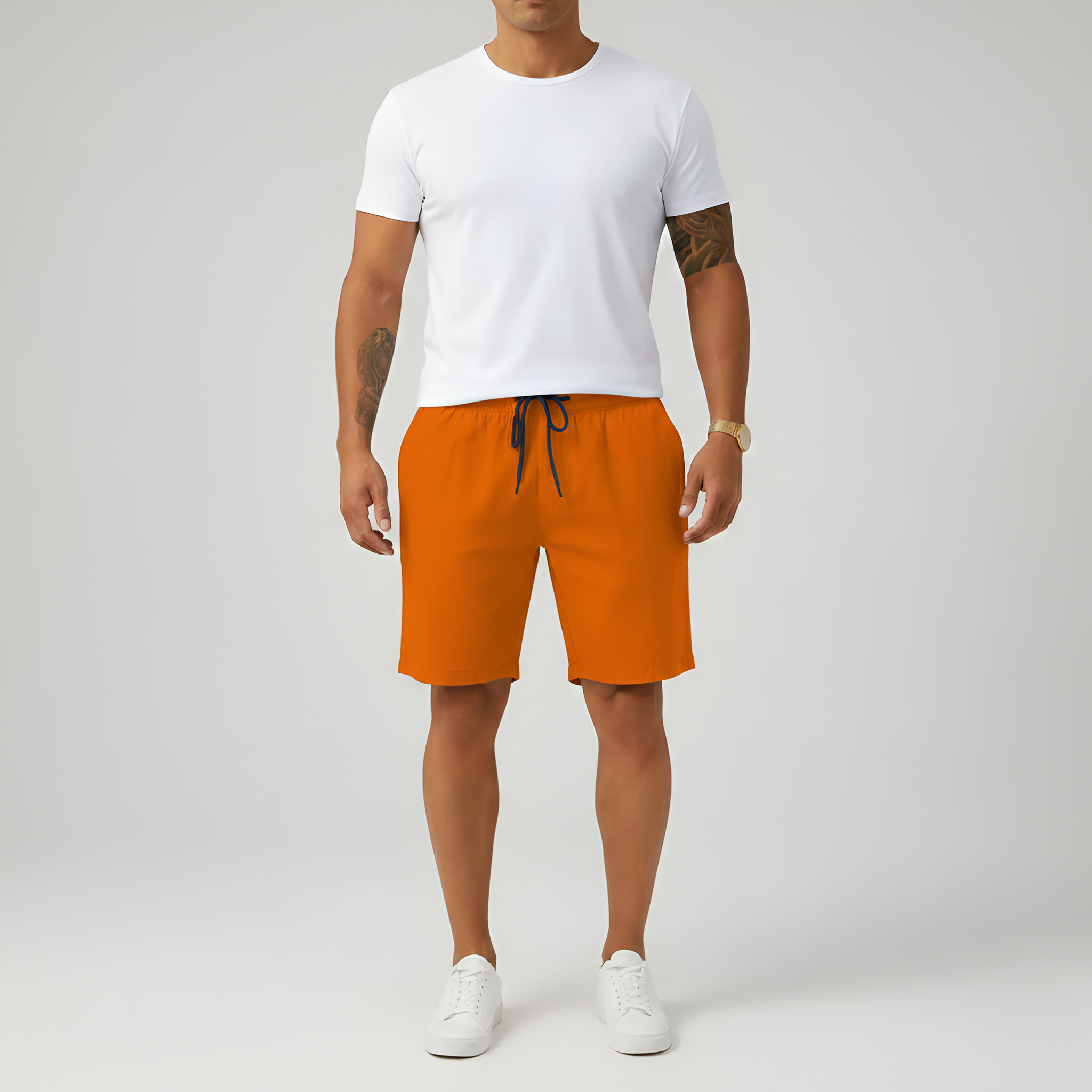 Calções Casuais Masculinos de Algodão com Cintura Elástica, Cordão e Bolsos