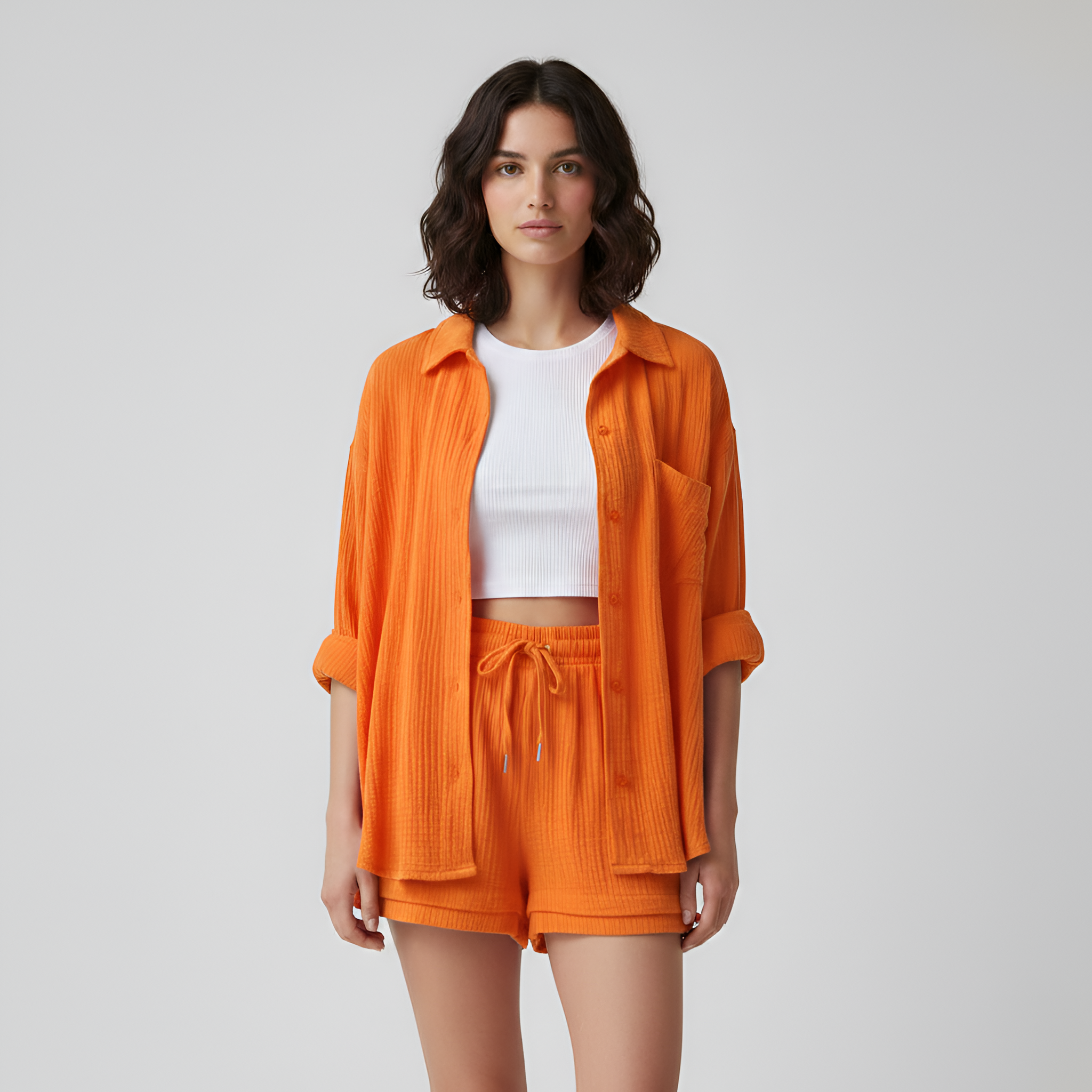 Women’s Cotton Shorts Set with Button Down Shirt and Drawstring Waist