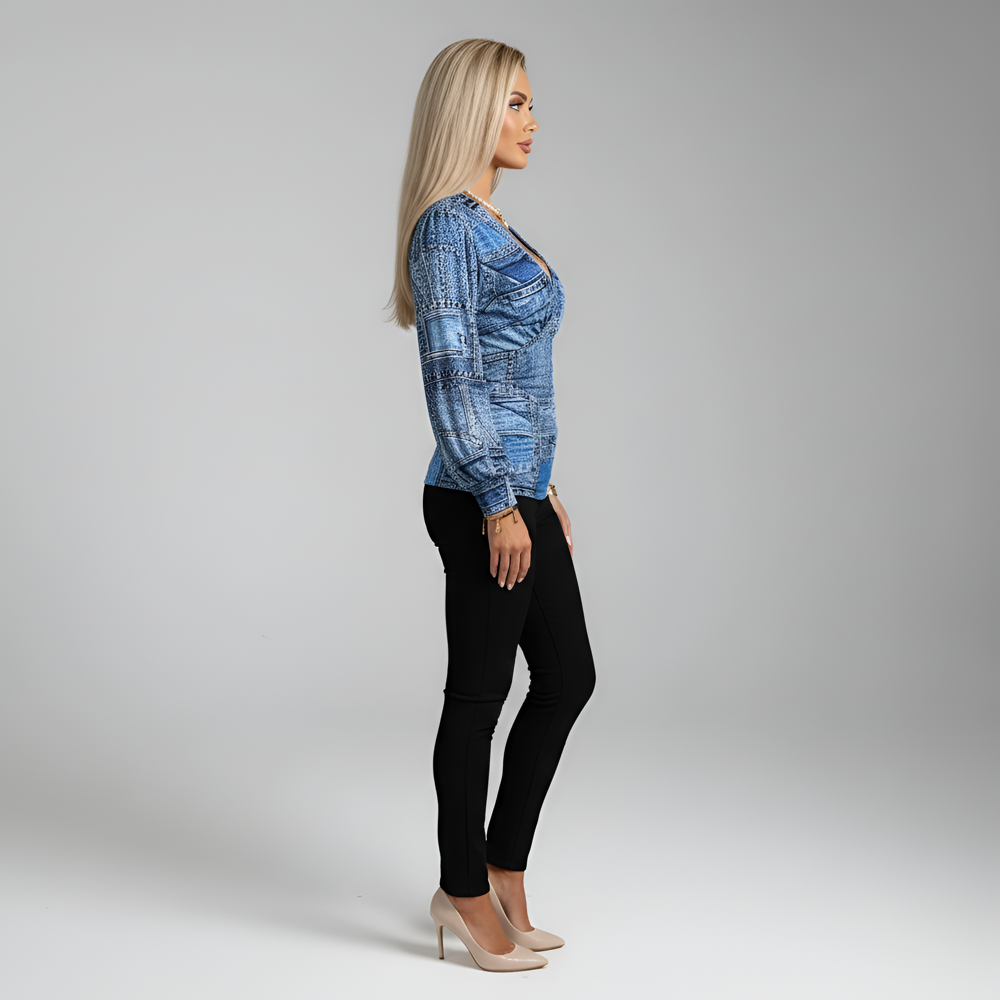 Bluză cu mâneci lungi pentru femei, decolteu în V, imprimată, croială strâmtă, top elastic