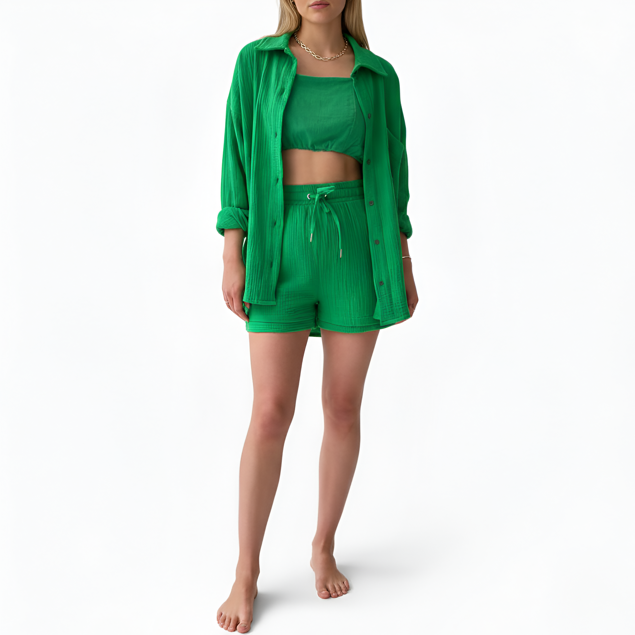 Women’s Cotton Shorts Set with Button Down Shirt and Drawstring Waist