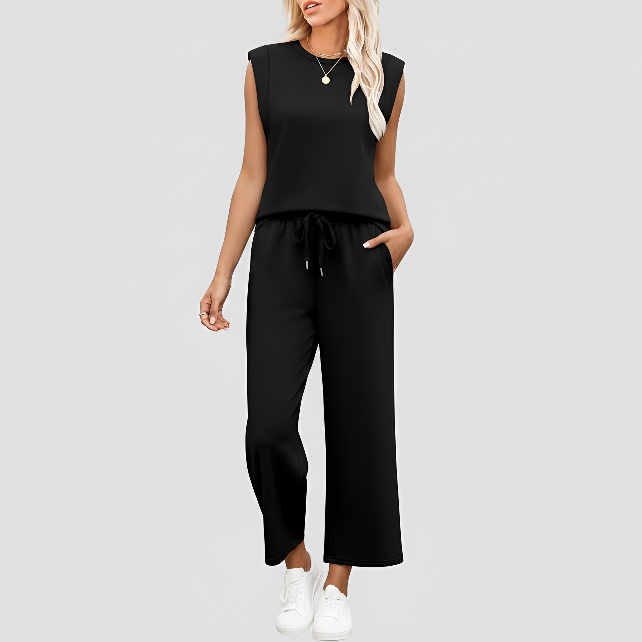 Ensemble détente deux pièces pour femme : haut sans manches et pantalon large