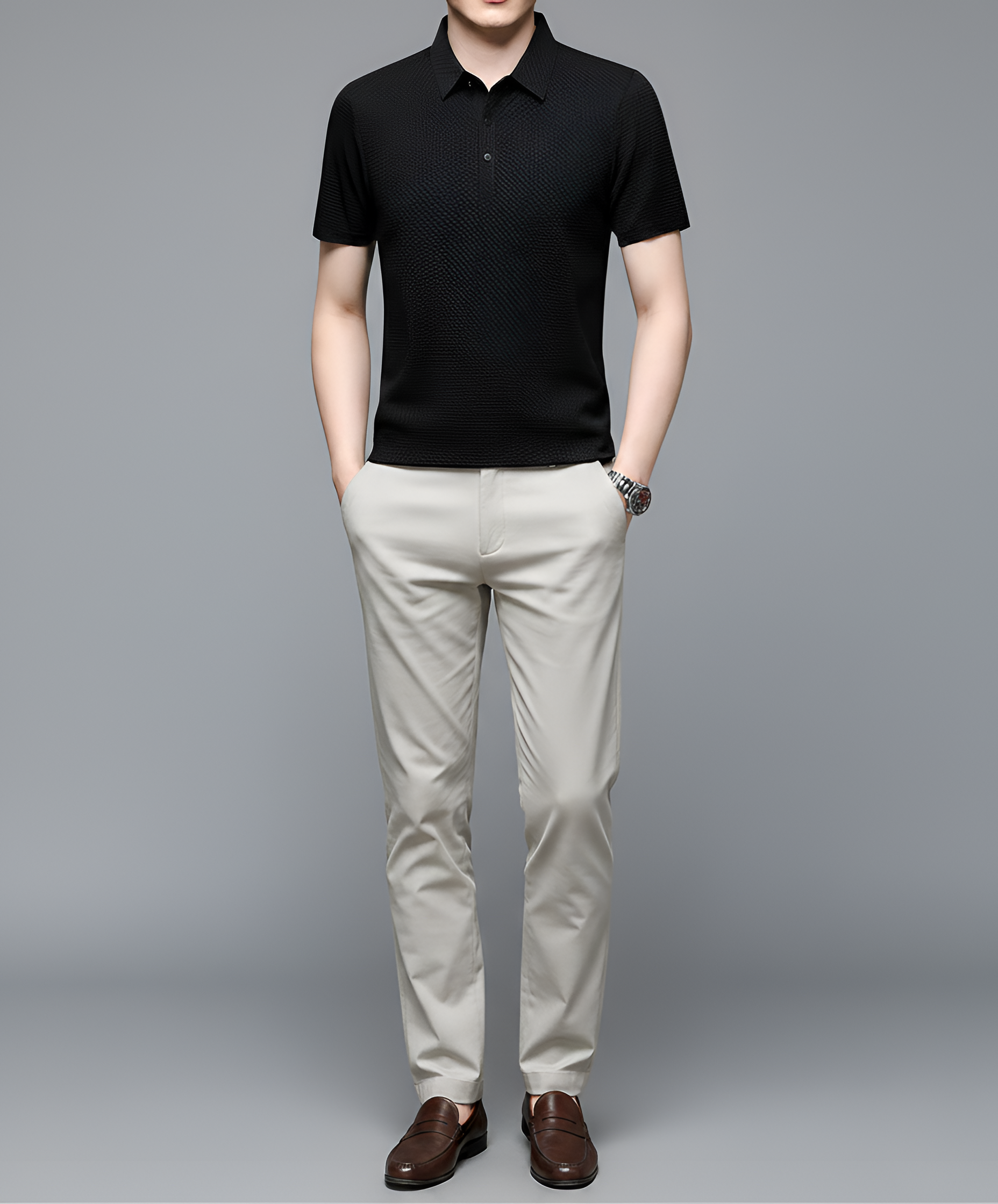 Camiseta tipo polo de punto texturizado para hombre, manga corta, mezcla de algodón, informal y elegante