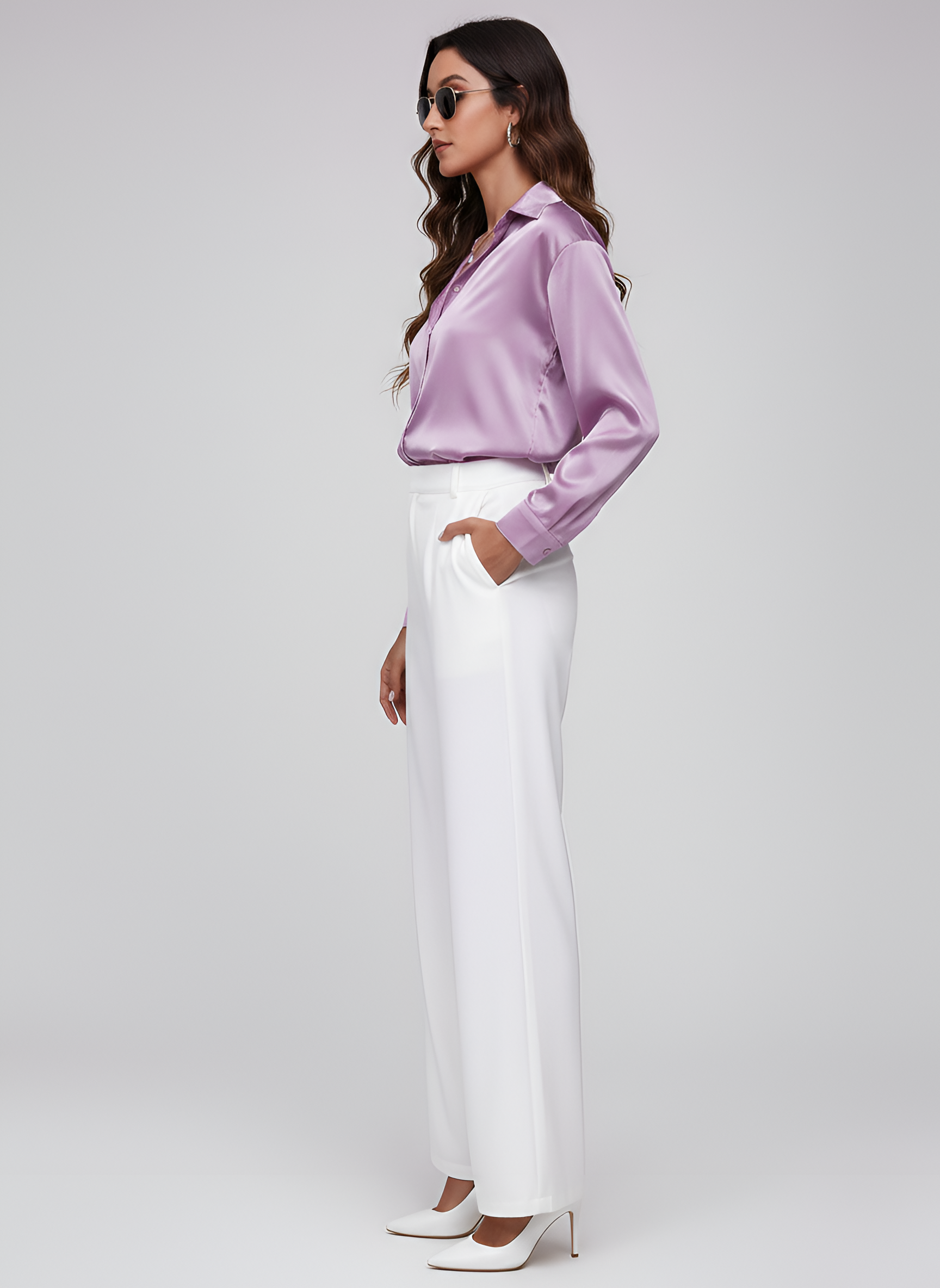 Cămașă de damă din satin cu nasturi și fundă în față, mânecă lungă