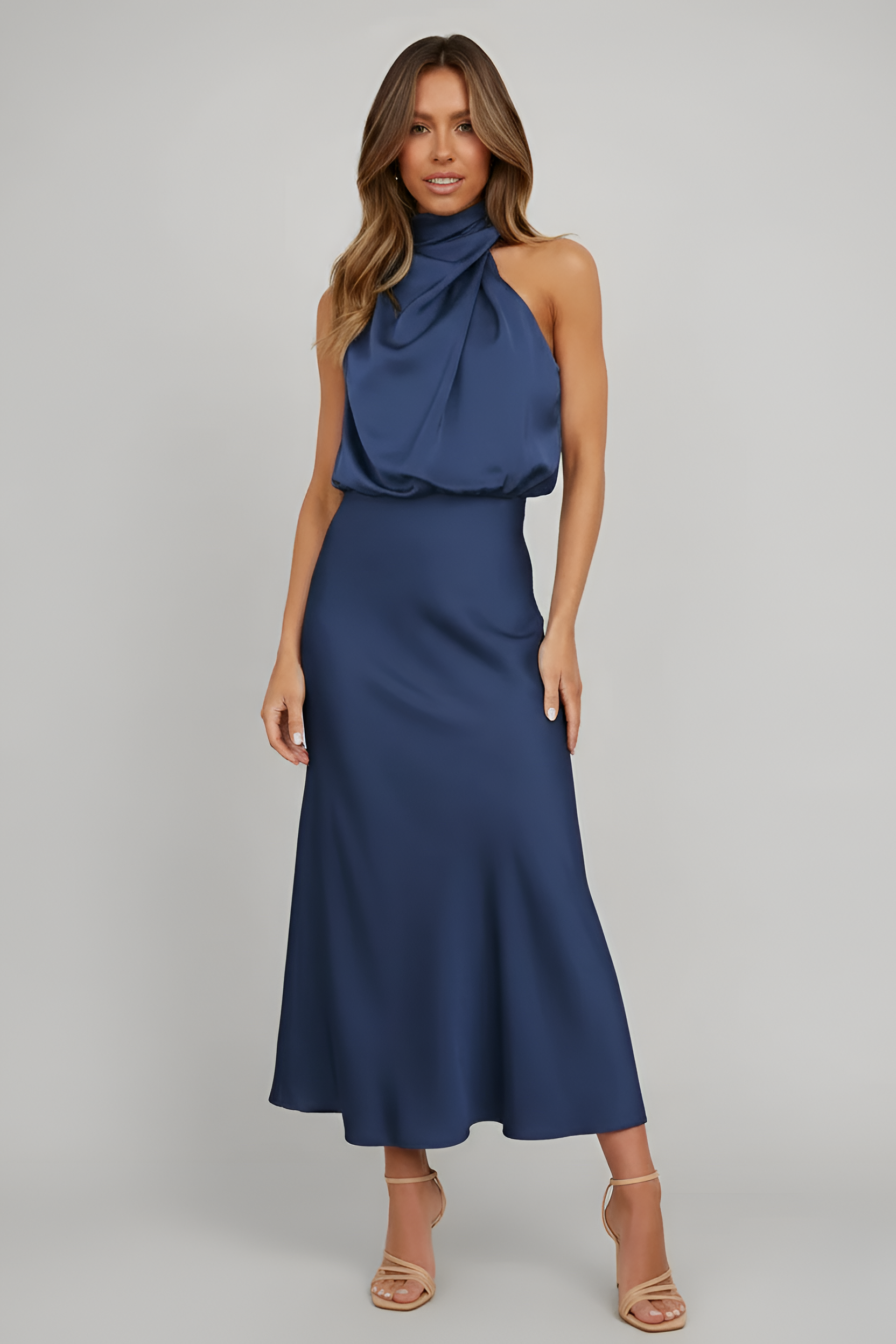 Rochie midi de damă cu gât halter, fără mâneci, cu talie drapată