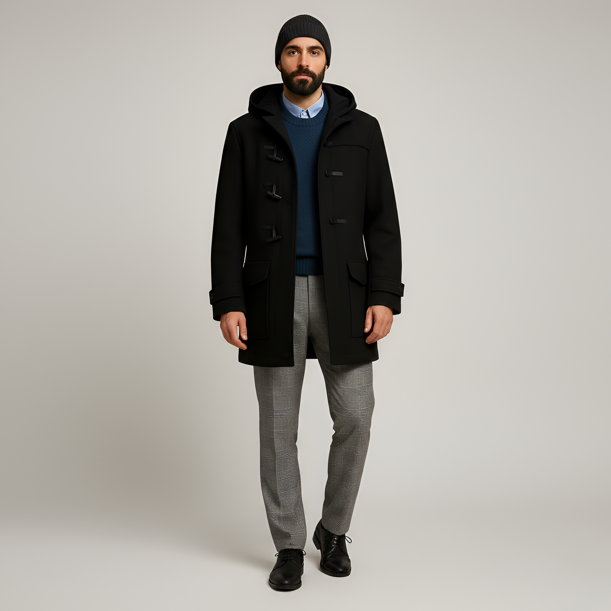 Férfi gyapjú duffle kabát kapucnival, téli dzseki gombos záródással