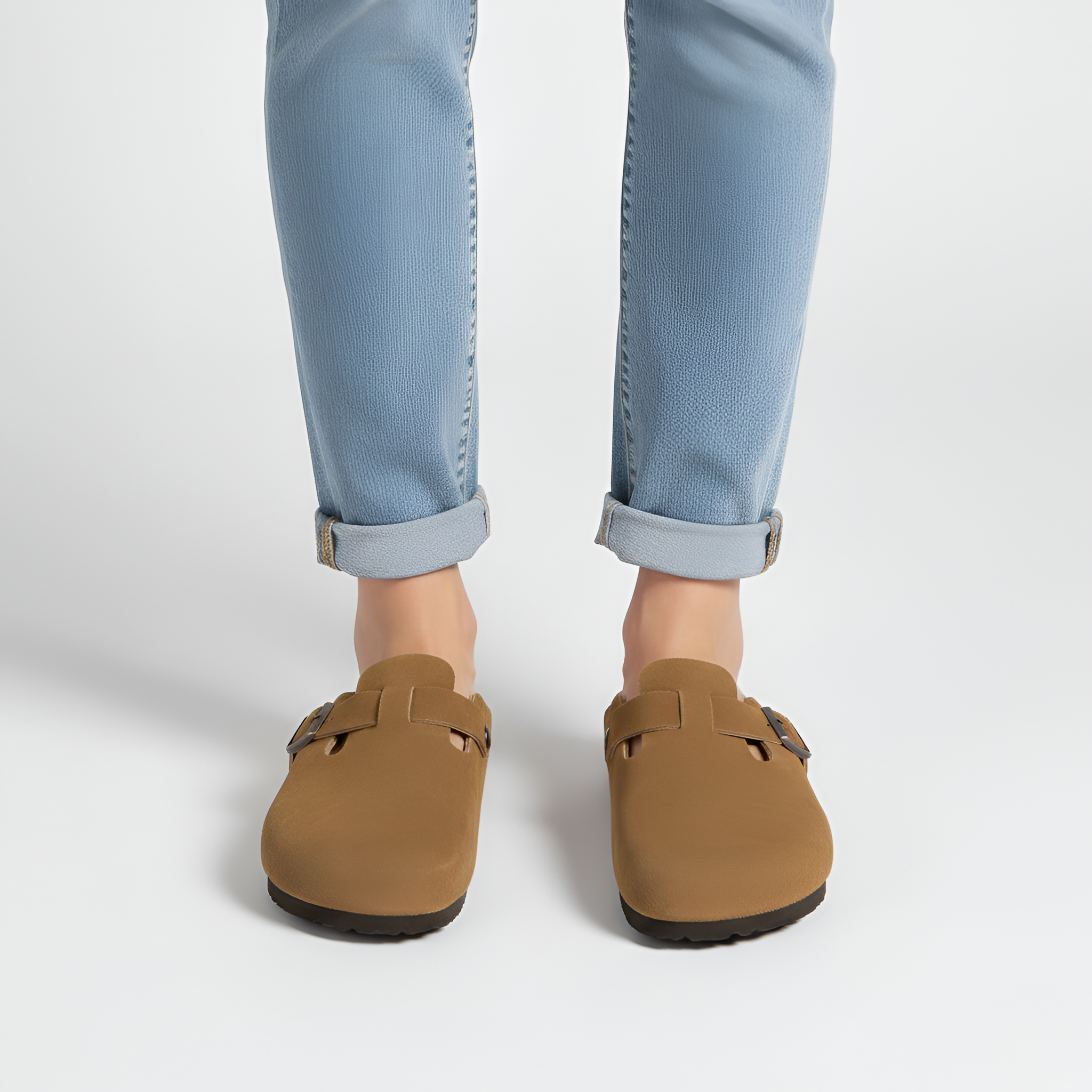 By Assuli Suede Buckle Clogs with Cork Footbed and Comfort Sole