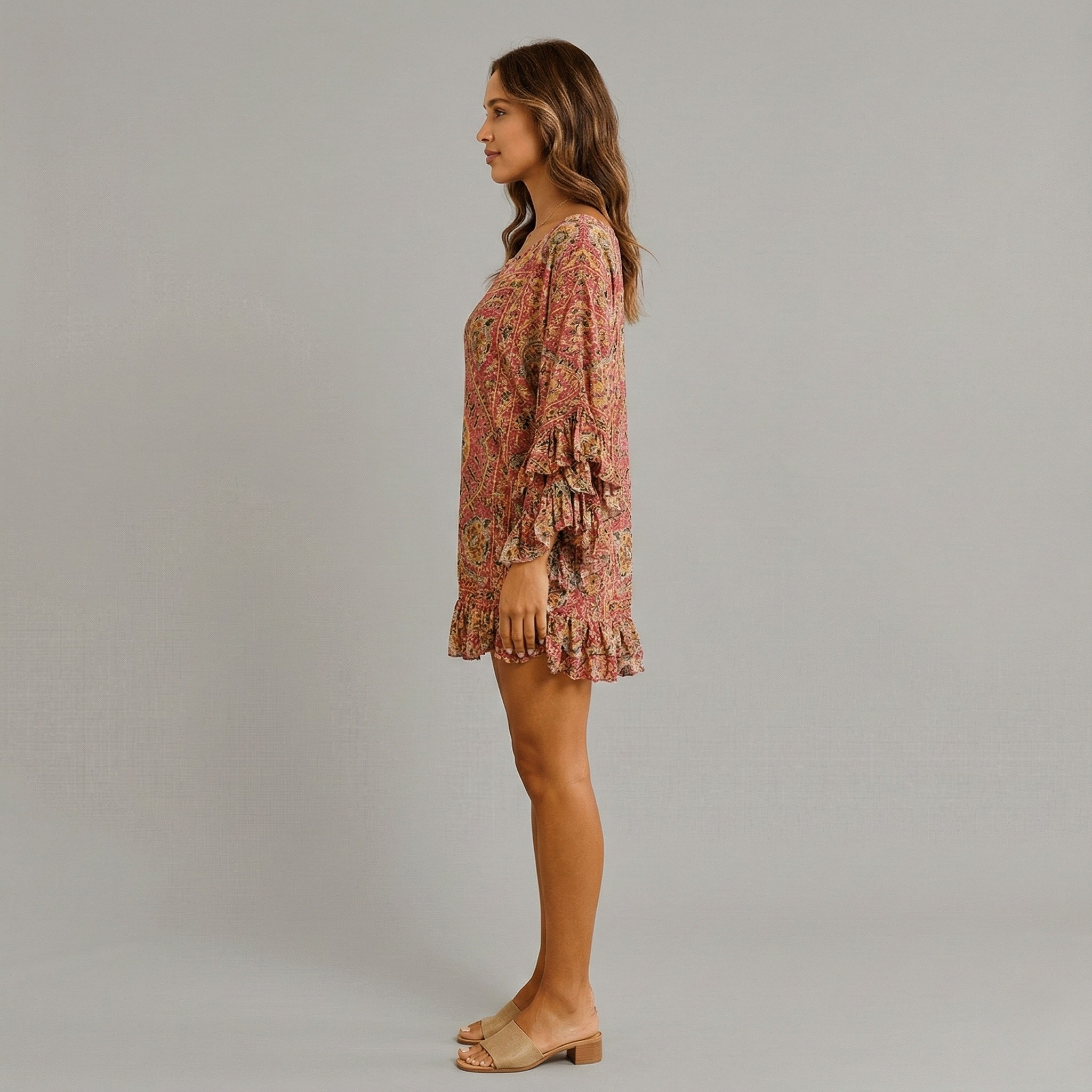 Robe courte bohème imprimée pour femme, manches longues, ourlet à volants, tunique décontractée