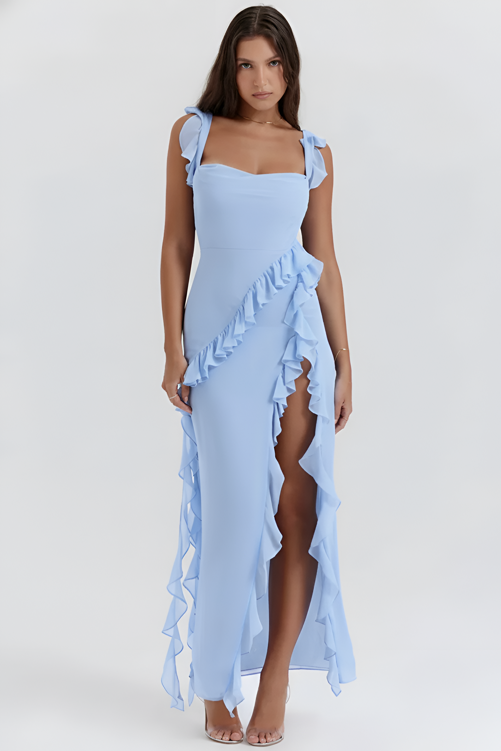 Γυναικείο Μακρύ Φόρεμα με Βολάν και Άνοιγμα, Αμάνικο Βραδινό Φόρεμα από Σιφόν