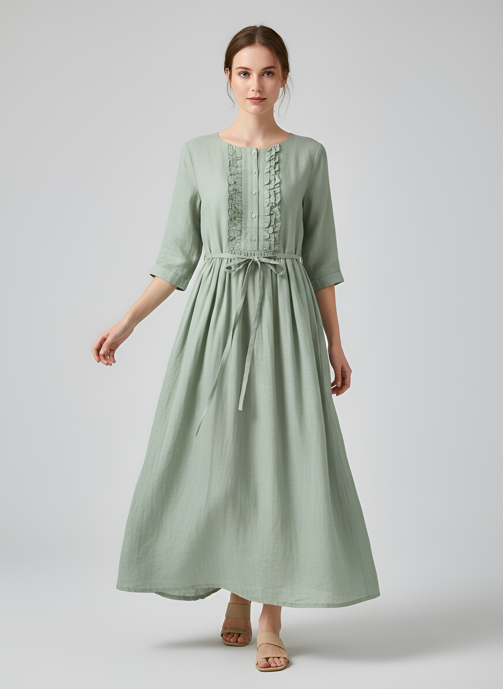 Vestido midi de lino para mujer con manga 3/4, cintura con lazo y corte en A, vestido de verano