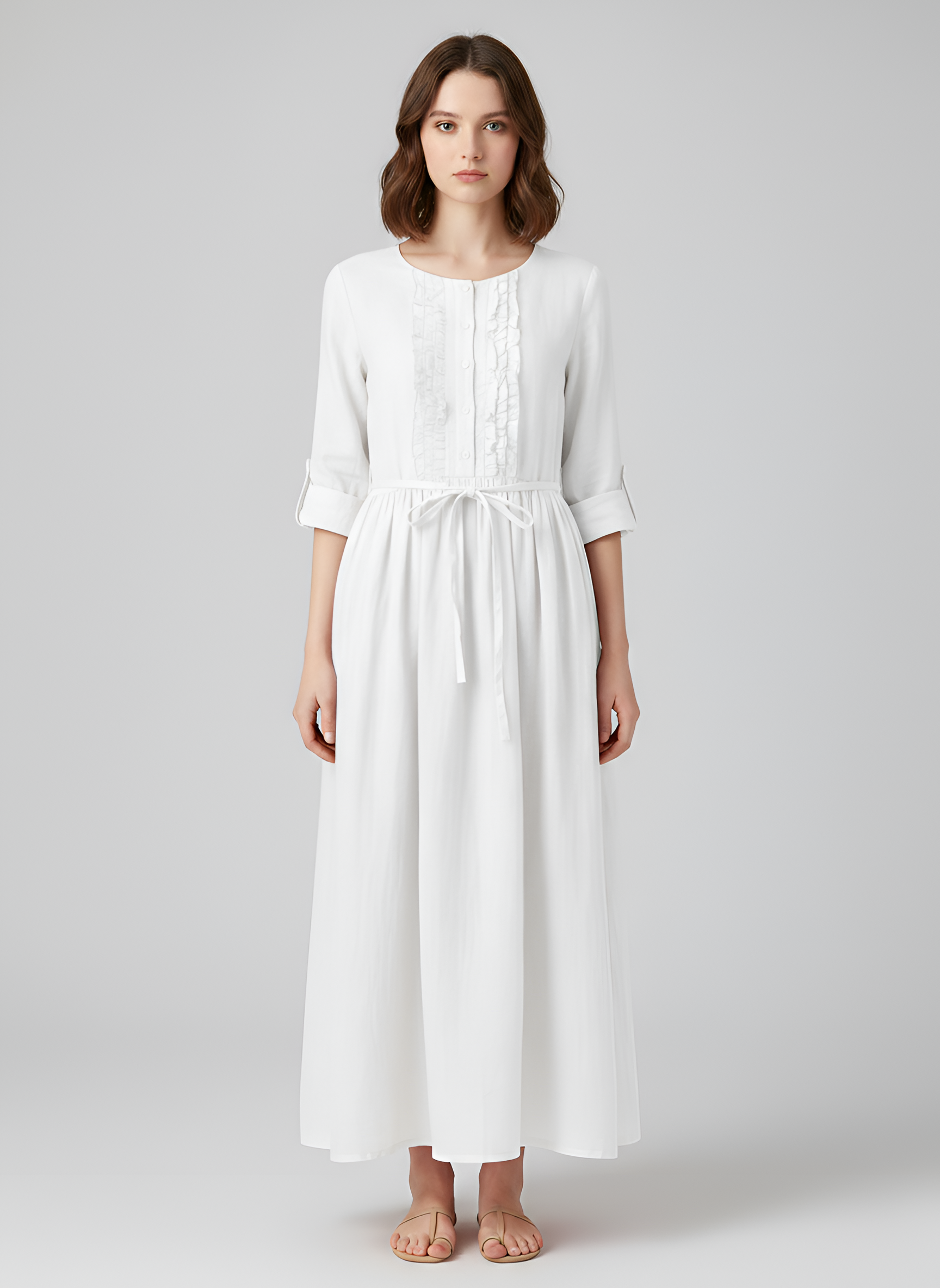 Vestido midi de lino para mujer con manga 3/4, cintura con lazo y corte en A, vestido de verano