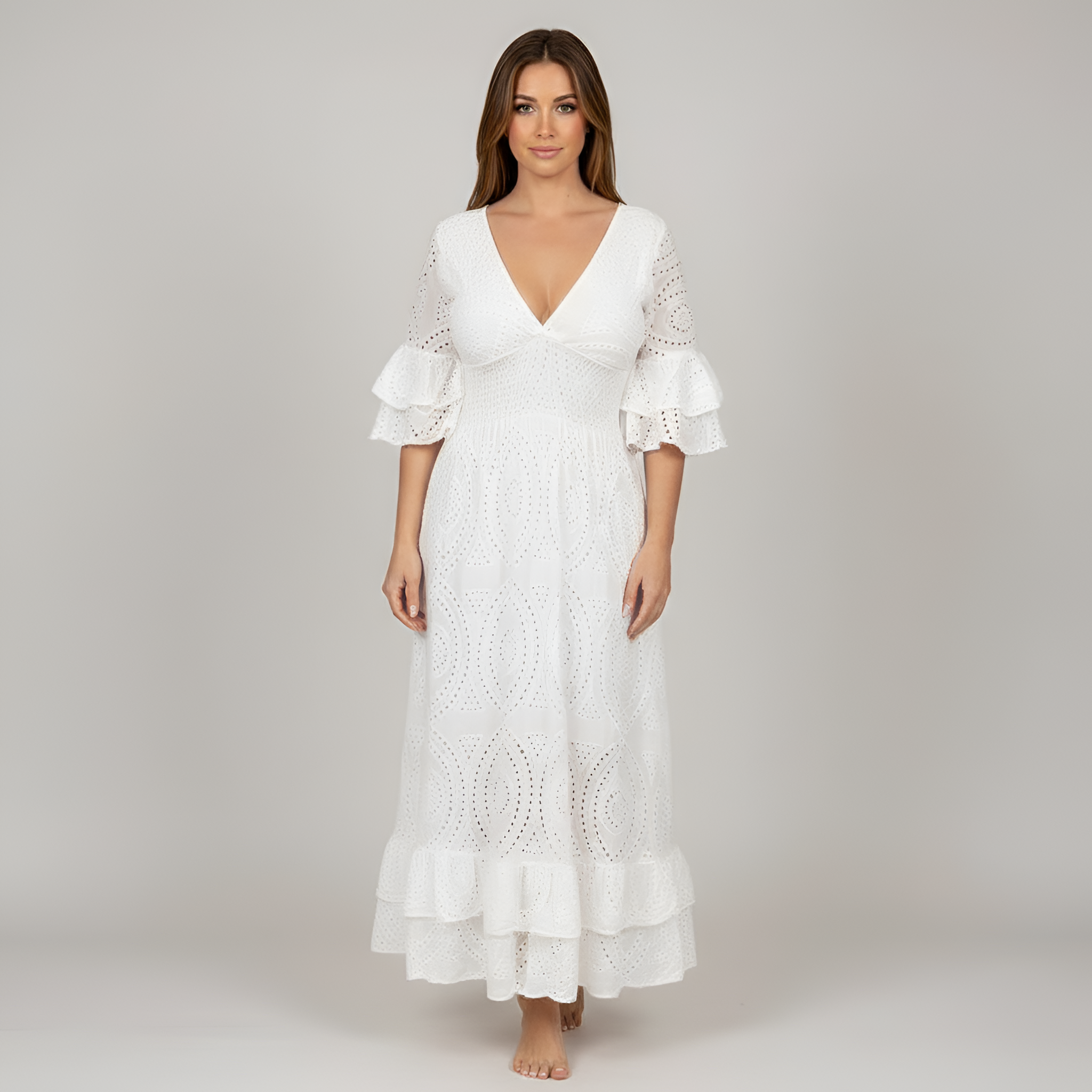 Rochie maxi de vară pentru femei, din dantelă, cu decolteu în V, mâneci cu volane și ochiuri