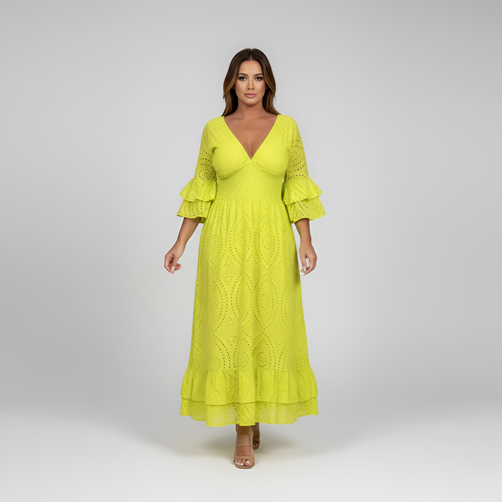 Rochie maxi de vară pentru femei, din dantelă, cu decolteu în V, mâneci cu volane și ochiuri