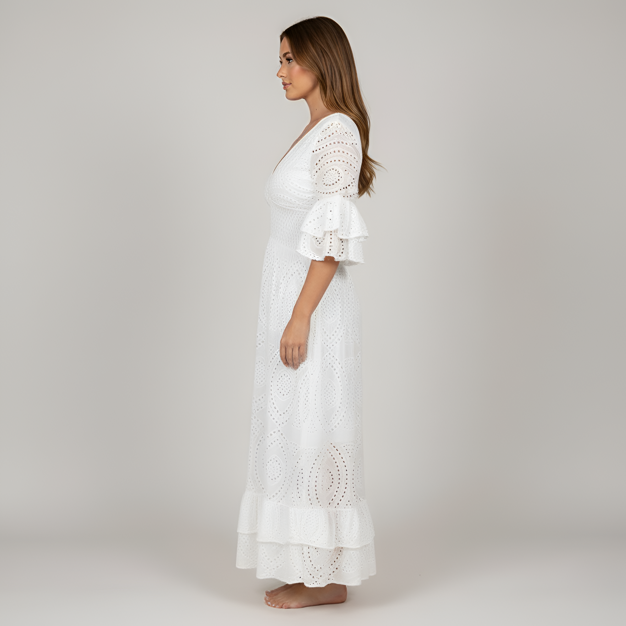 Rochie maxi de vară pentru femei, din dantelă, cu decolteu în V, mâneci cu volane și ochiuri