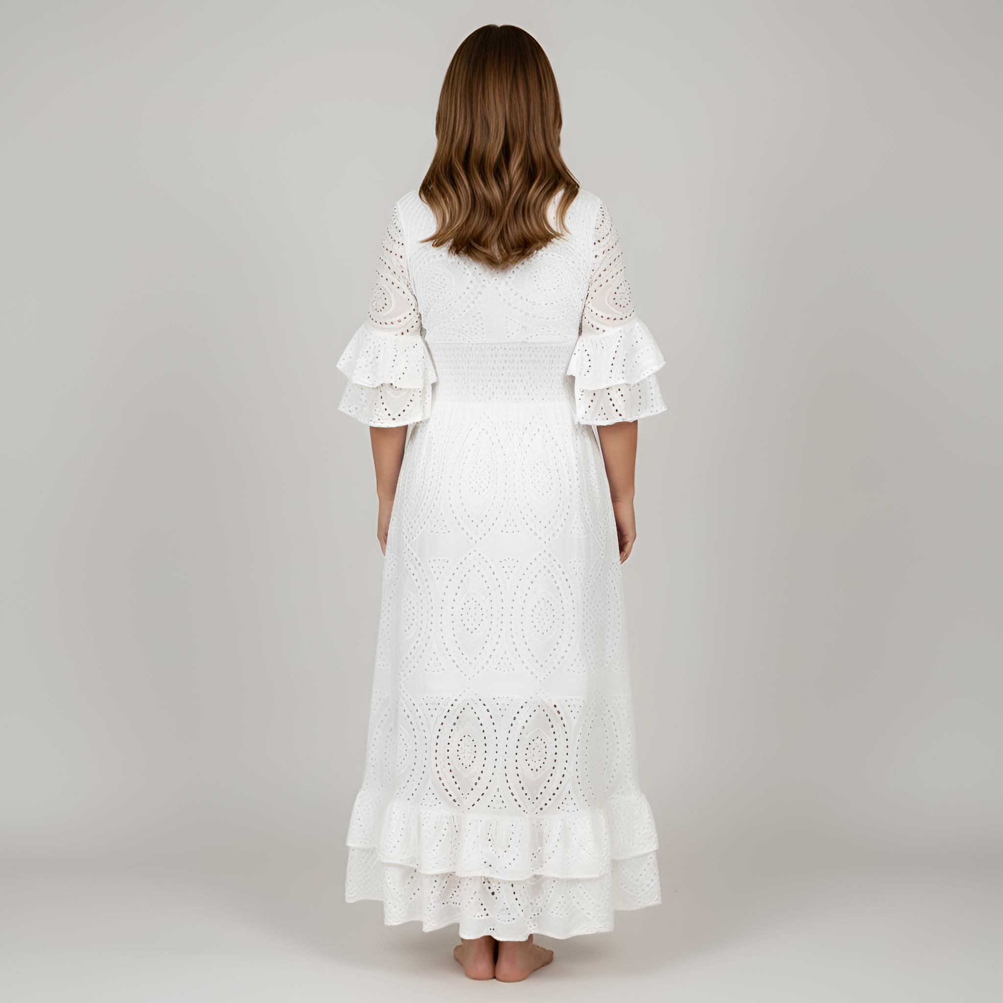 Rochie maxi de vară pentru femei, din dantelă, cu decolteu în V, mâneci cu volane și ochiuri