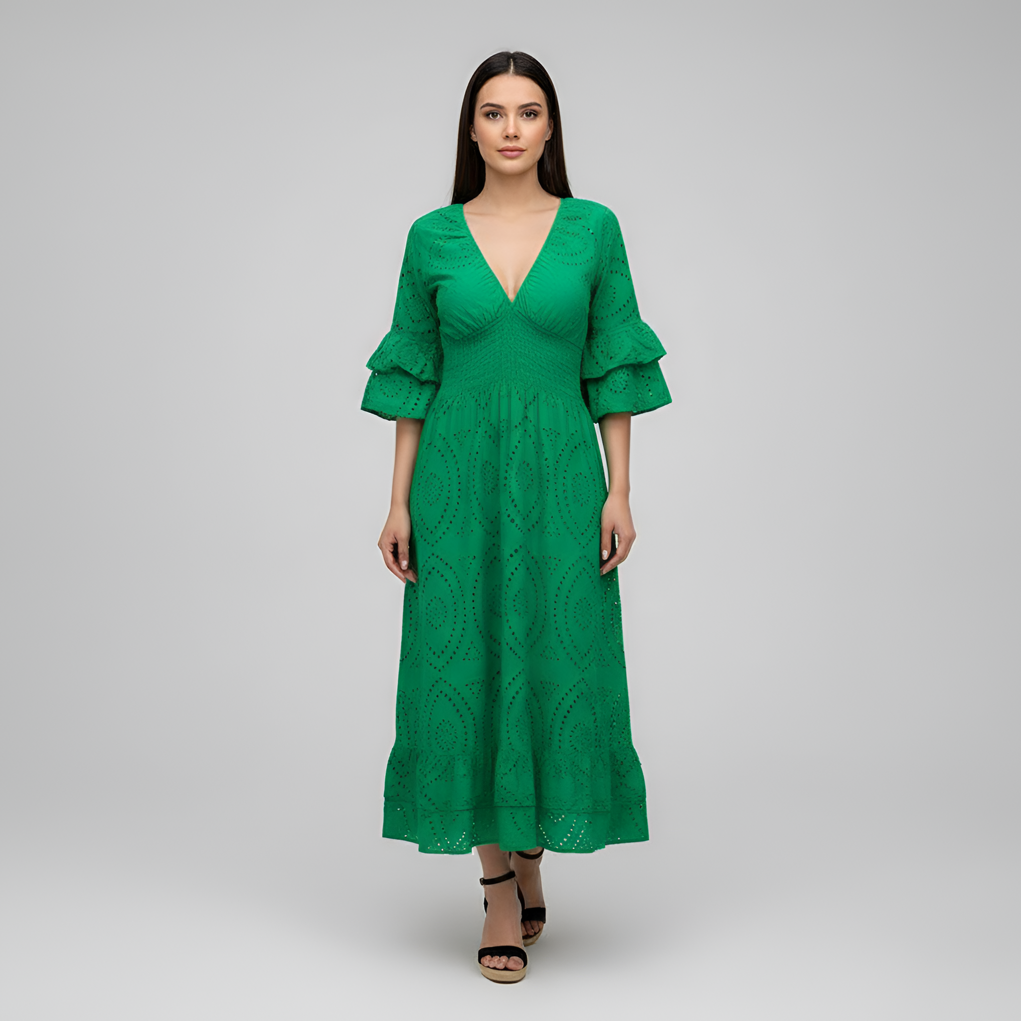 Rochie maxi de vară pentru femei, din dantelă, cu decolteu în V, mâneci cu volane și ochiuri