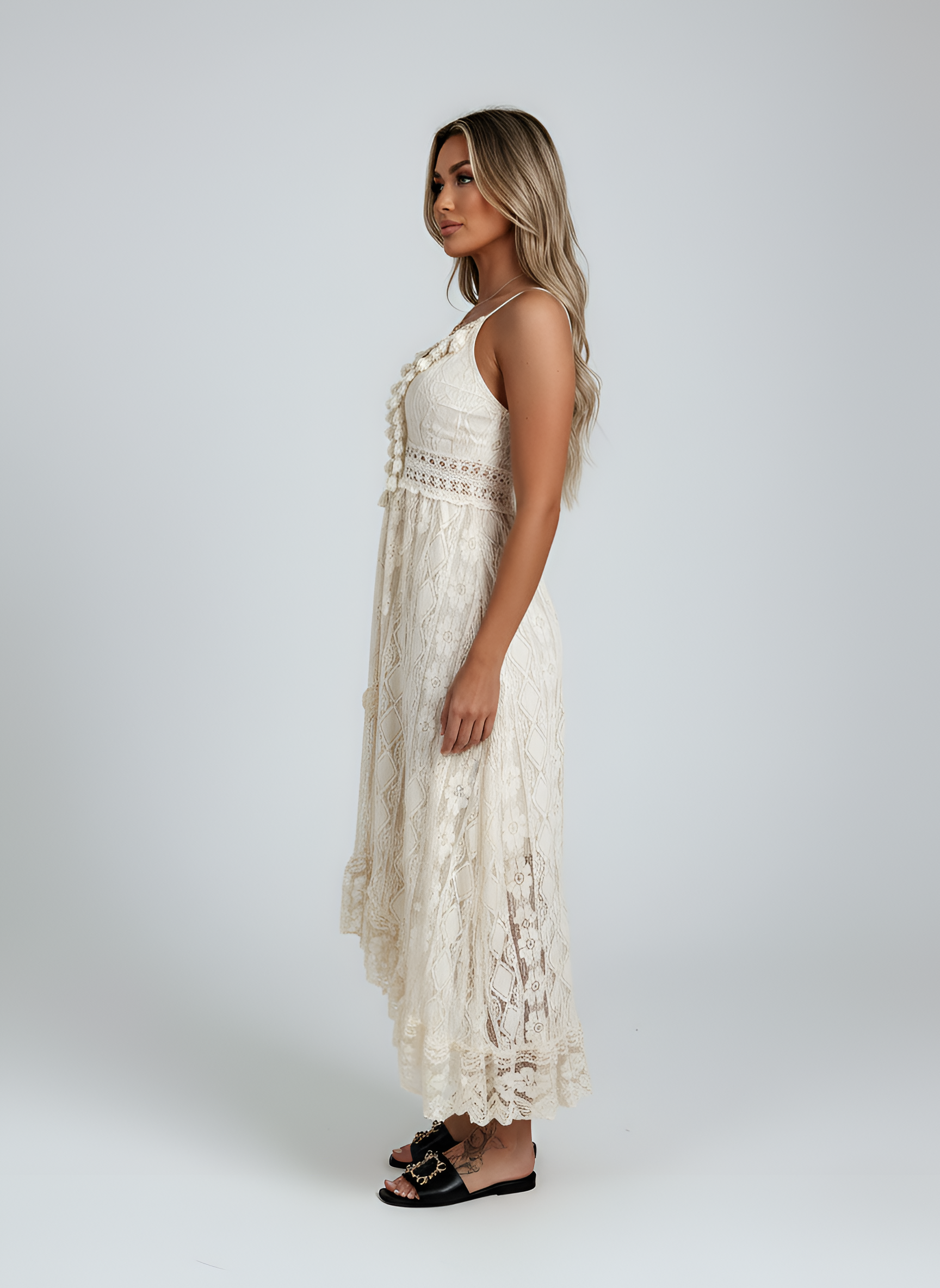 Vestido midi bohemio de encaje para mujer, sin mangas, con escote en V, vestido de verano de crochet