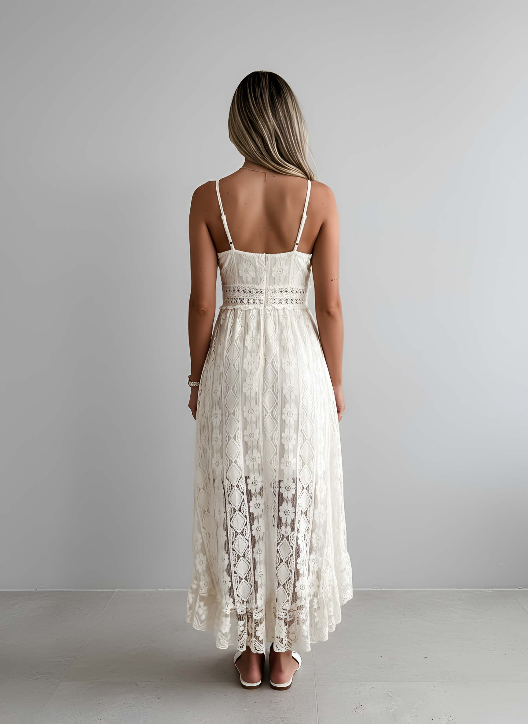 Vestido midi bohemio de encaje para mujer, sin mangas, con escote en V, vestido de verano de crochet