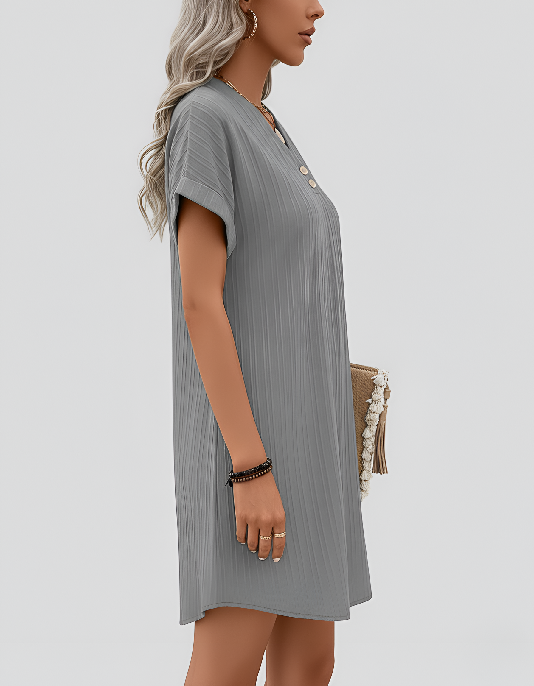 Robe T-shirt côtelée à col en V pour femme, manches courtes, robe mini décontractée