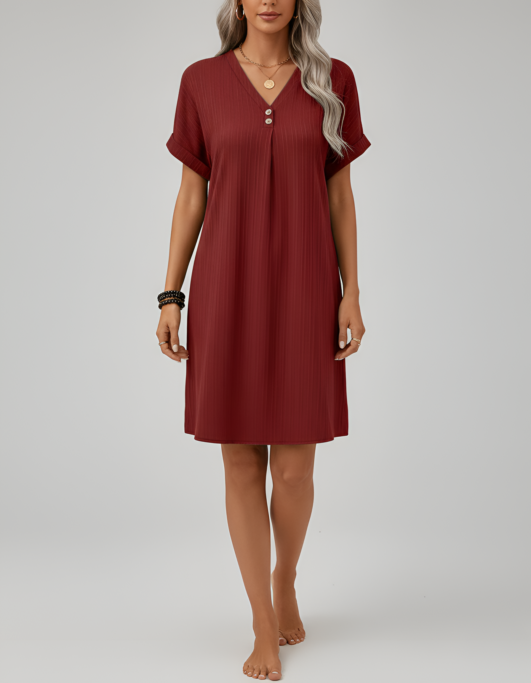 Robe T-shirt côtelée à col en V pour femme, manches courtes, robe mini décontractée