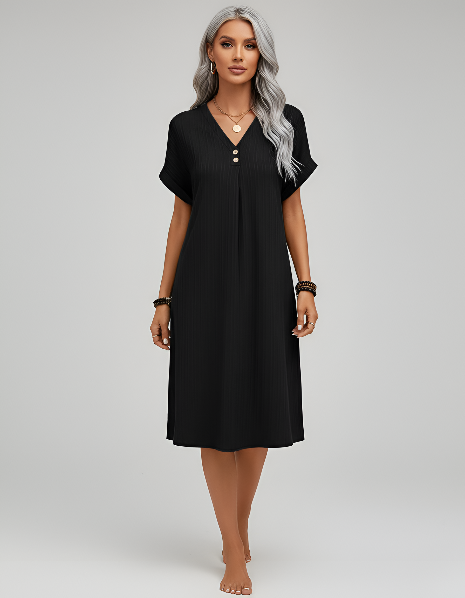 Robe T-shirt côtelée à col en V pour femme, manches courtes, robe mini décontractée