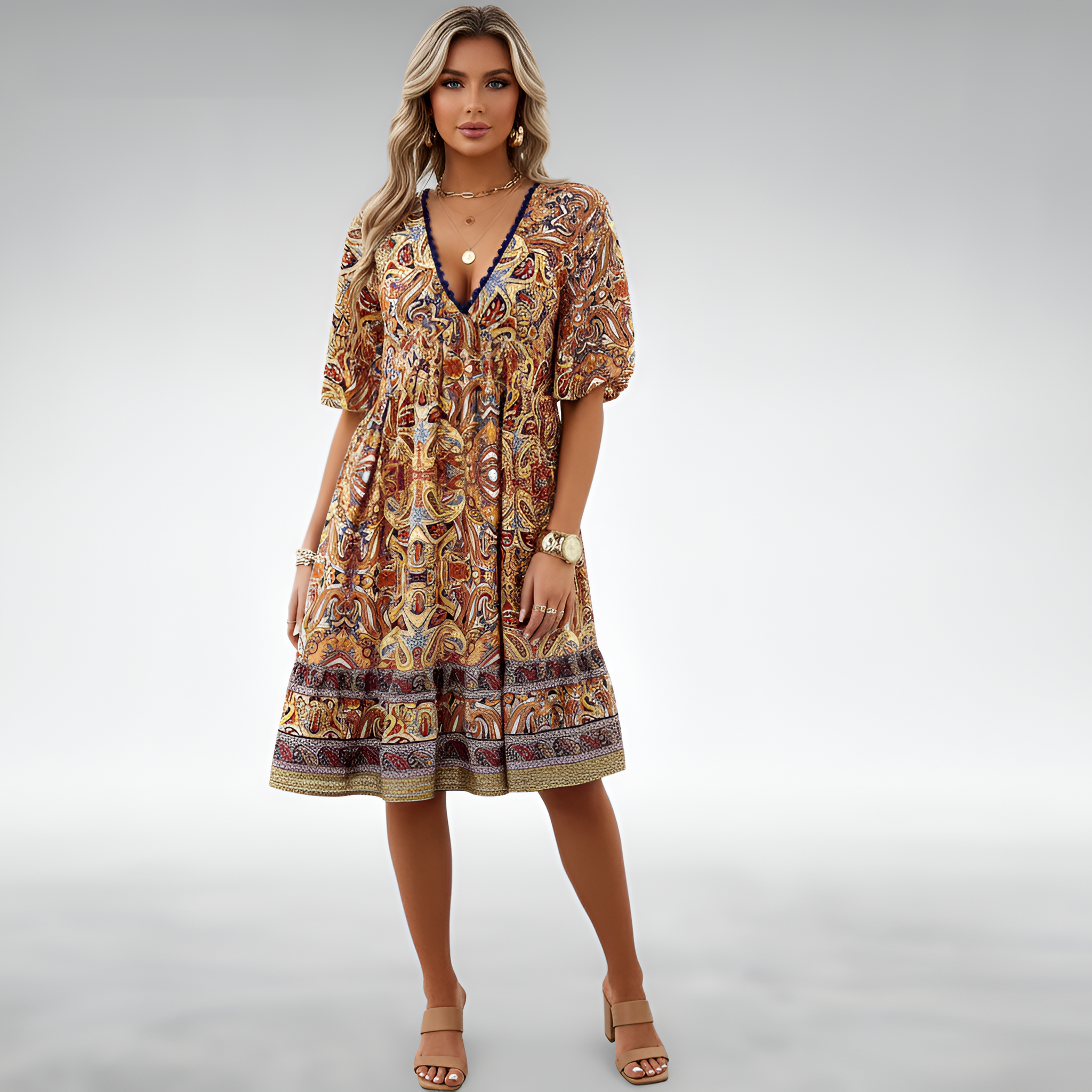 Vestido midi bohemio para mujer con escote en V, manga corta y estampado de cachemira, vestido de verano