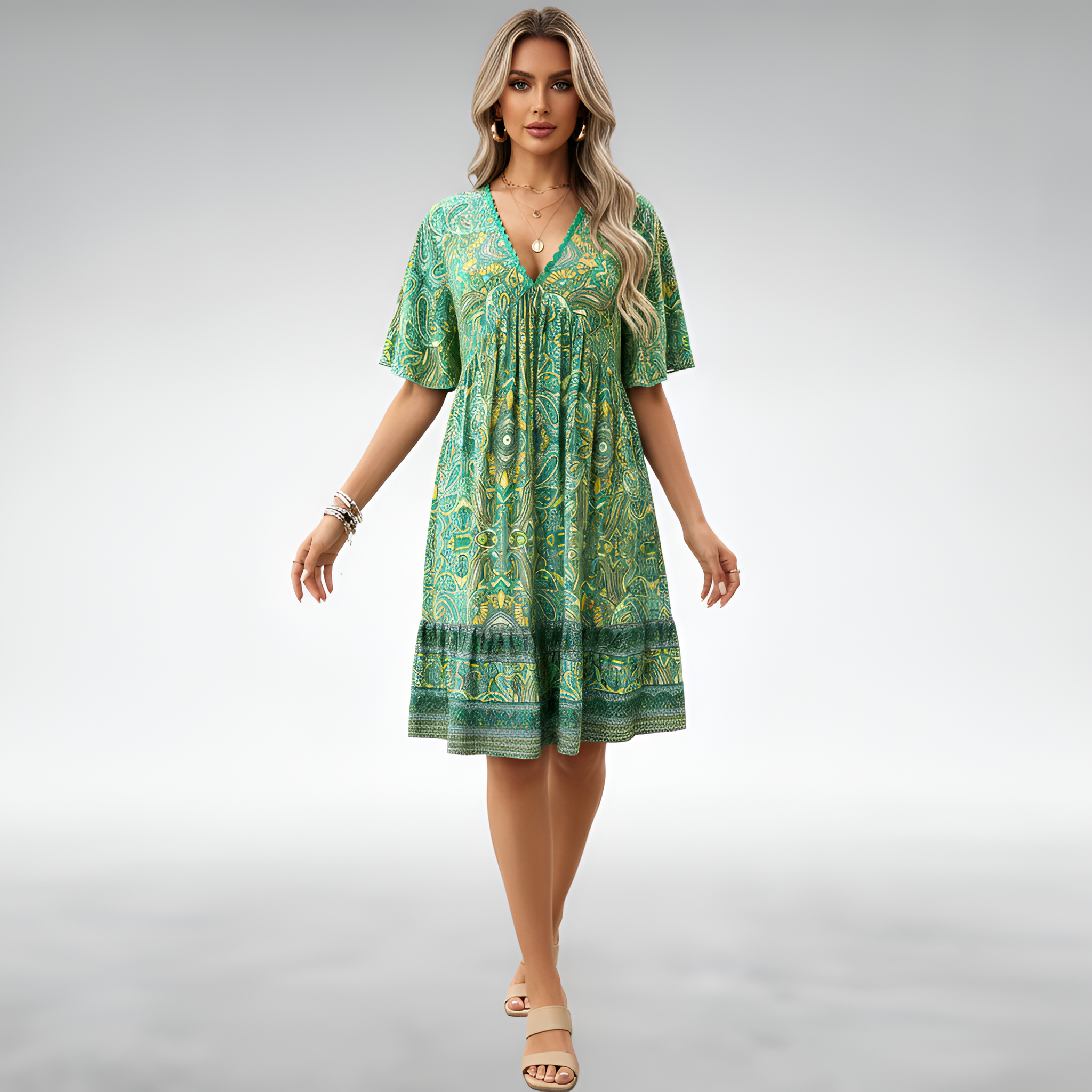 Vestido midi bohemio para mujer con escote en V, manga corta y estampado de cachemira, vestido de verano