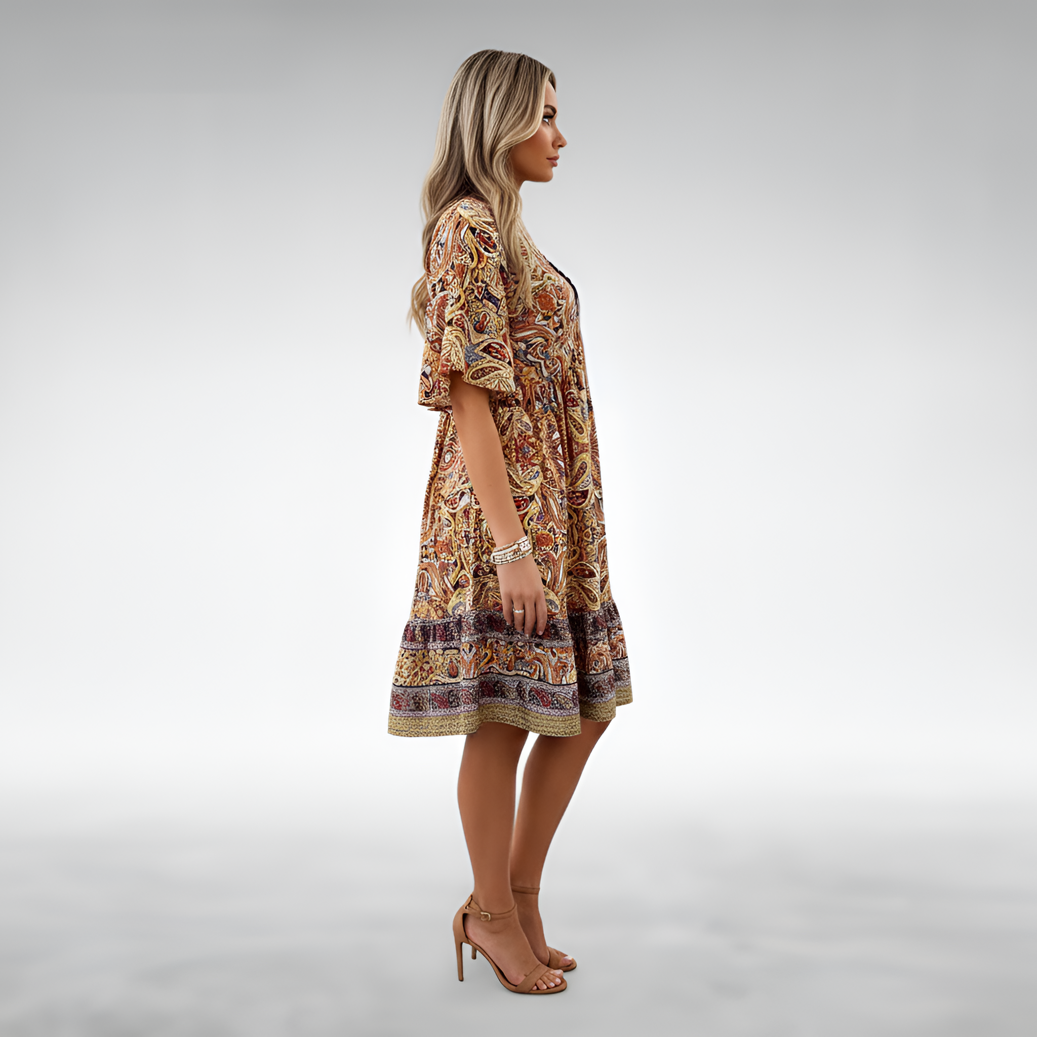 Vestido midi bohemio para mujer con escote en V, manga corta y estampado de cachemira, vestido de verano