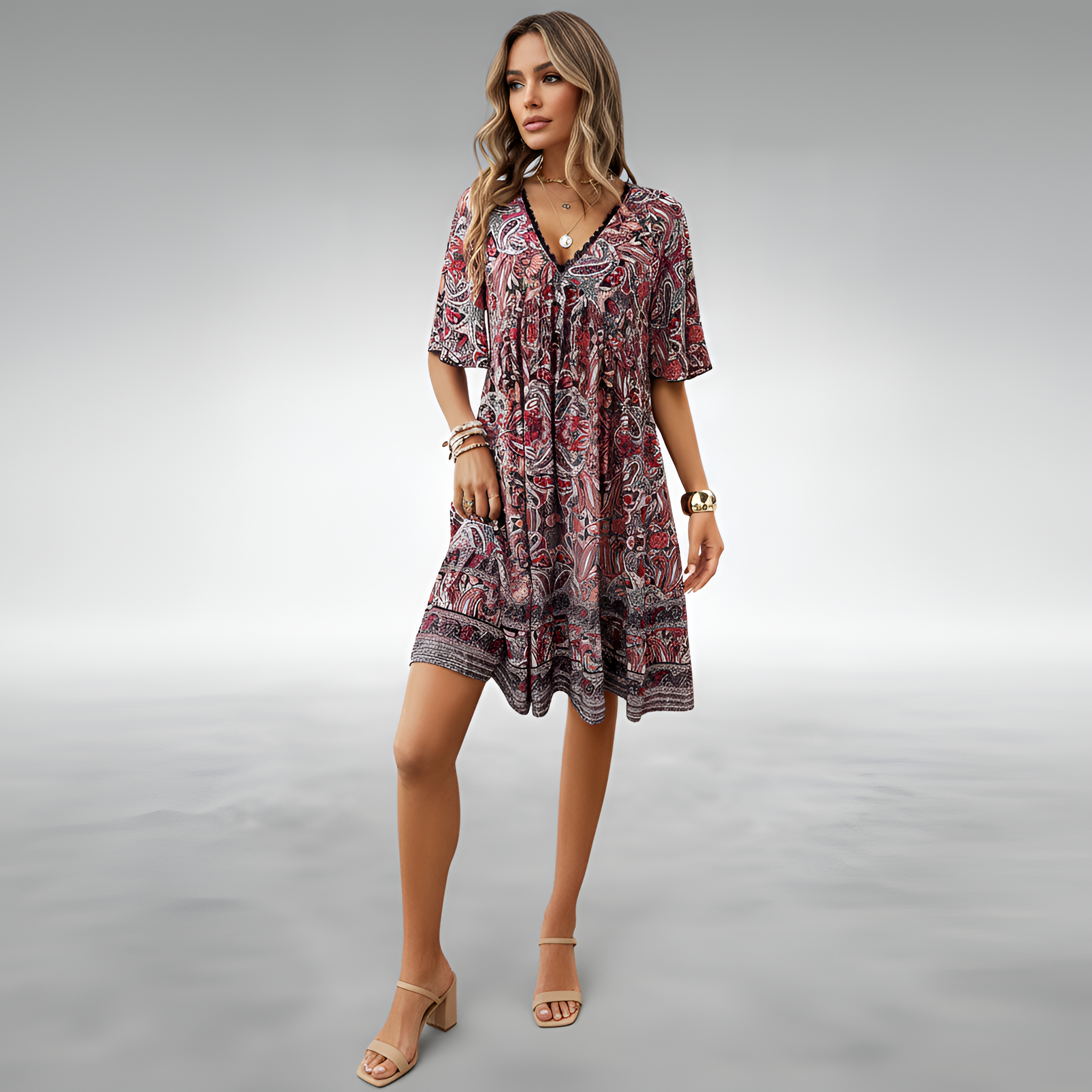 Vestido midi bohemio para mujer con escote en V, manga corta y estampado de cachemira, vestido de verano