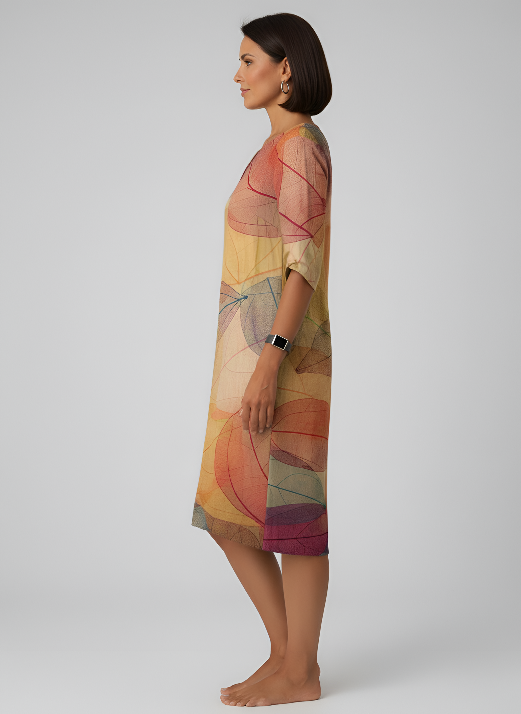 Vestido casual midi de corte recto para mujer con escote en V y estampado de hojas, manga 3/4