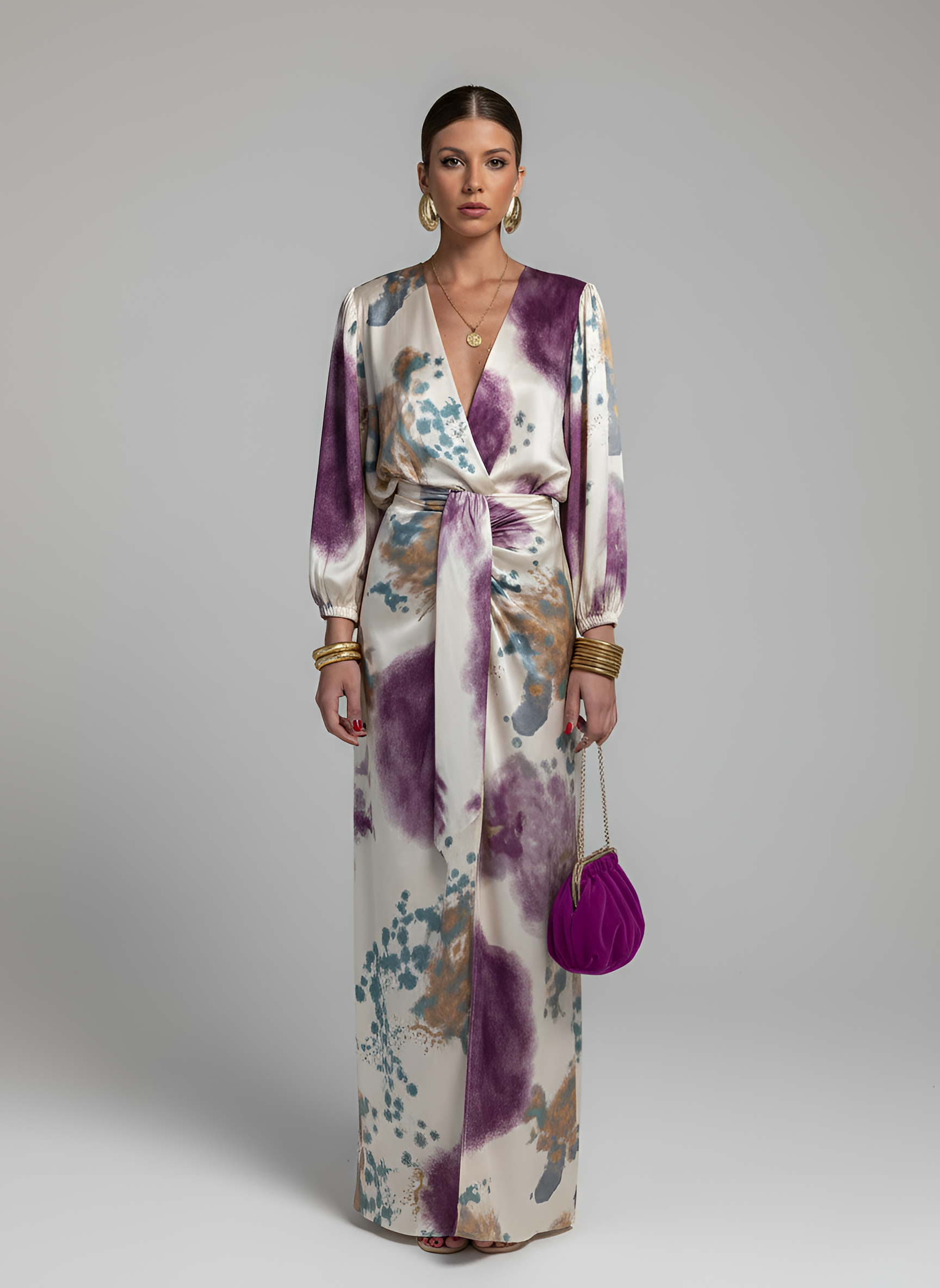 Women’s V-Neck Midi Dress Long Sleeve Tie Waist Wrap Party Dress