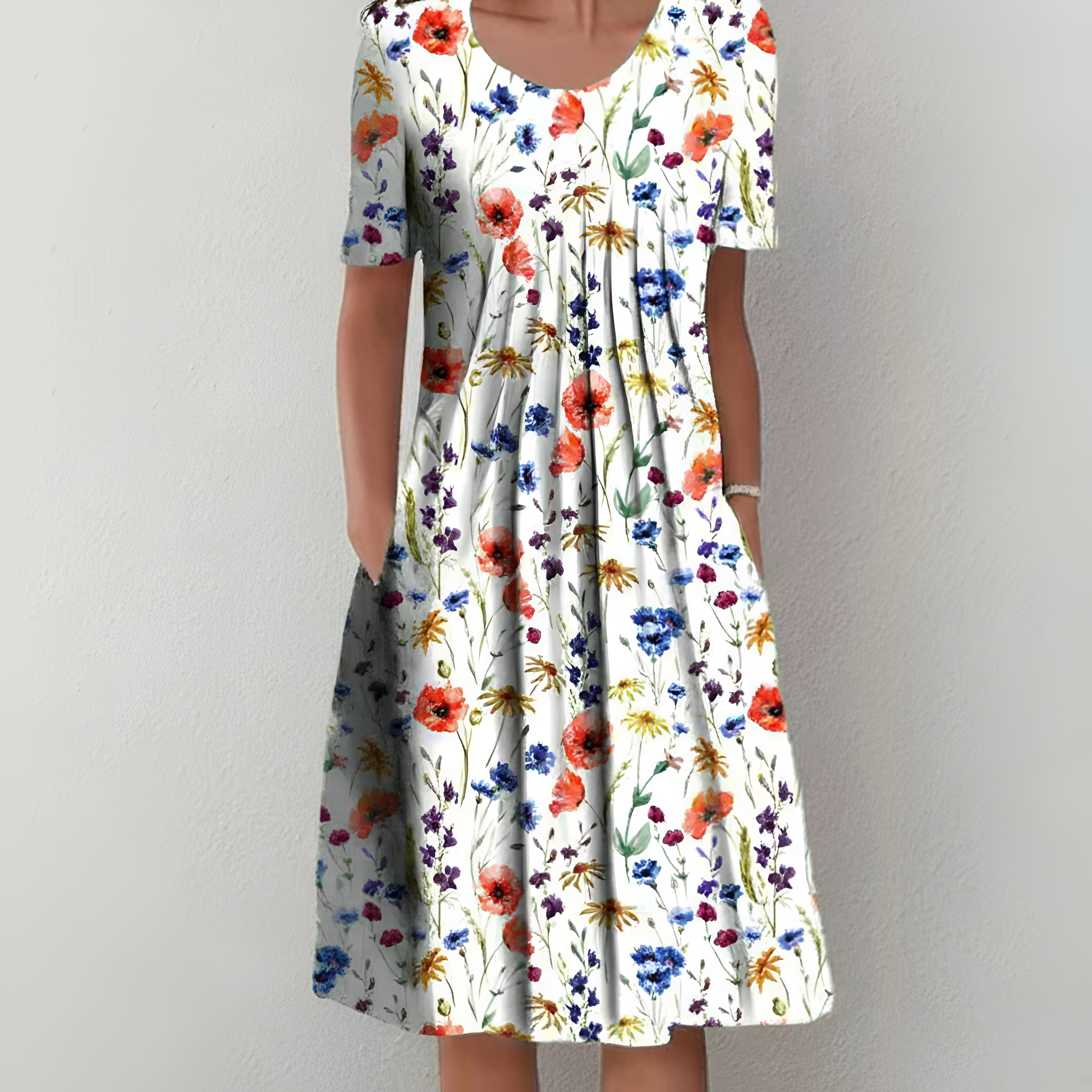 Vestido midi floral para mujer, manga corta, línea A, vestido casual de verano con bolsillos