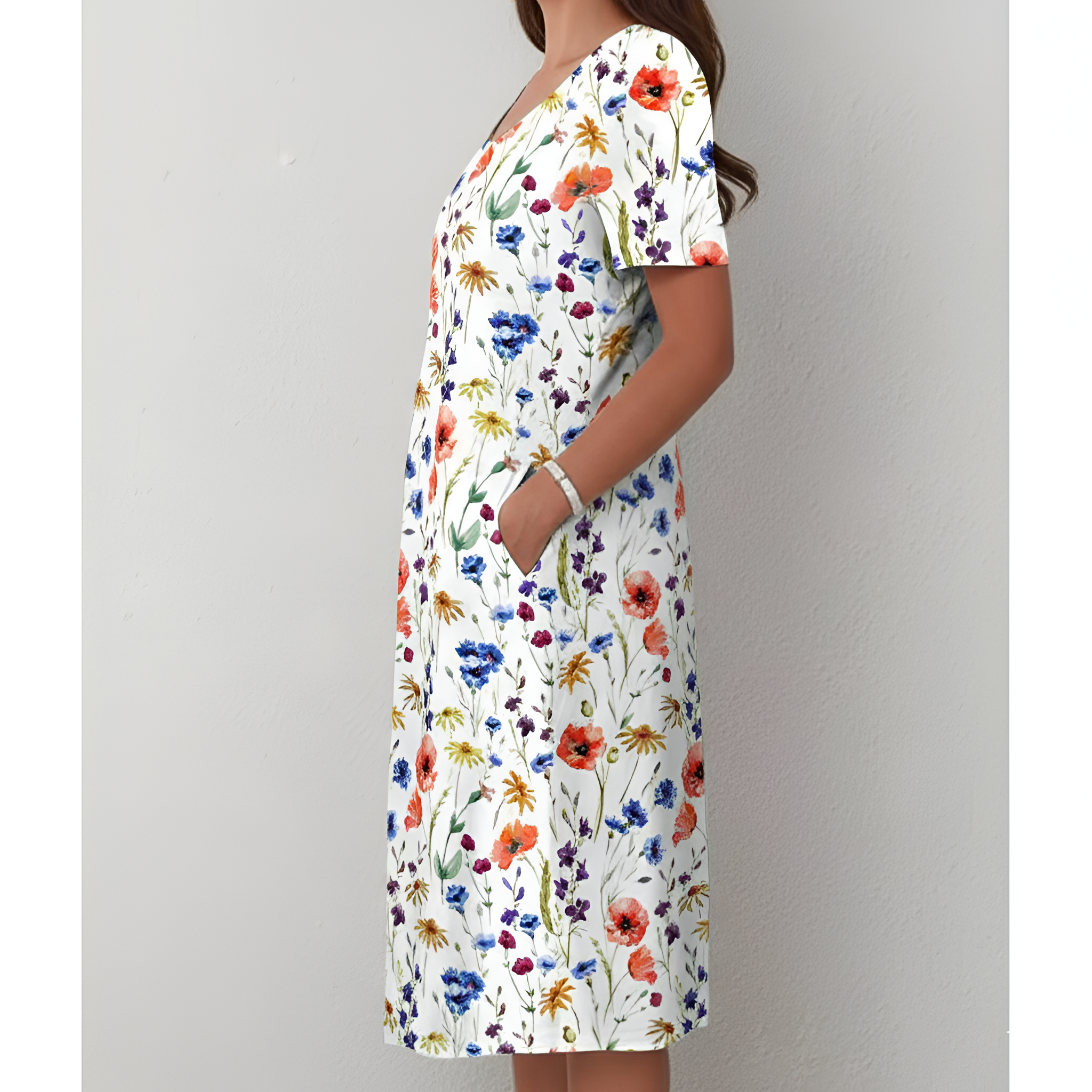 Vestido midi floral para mujer, manga corta, línea A, vestido casual de verano con bolsillos