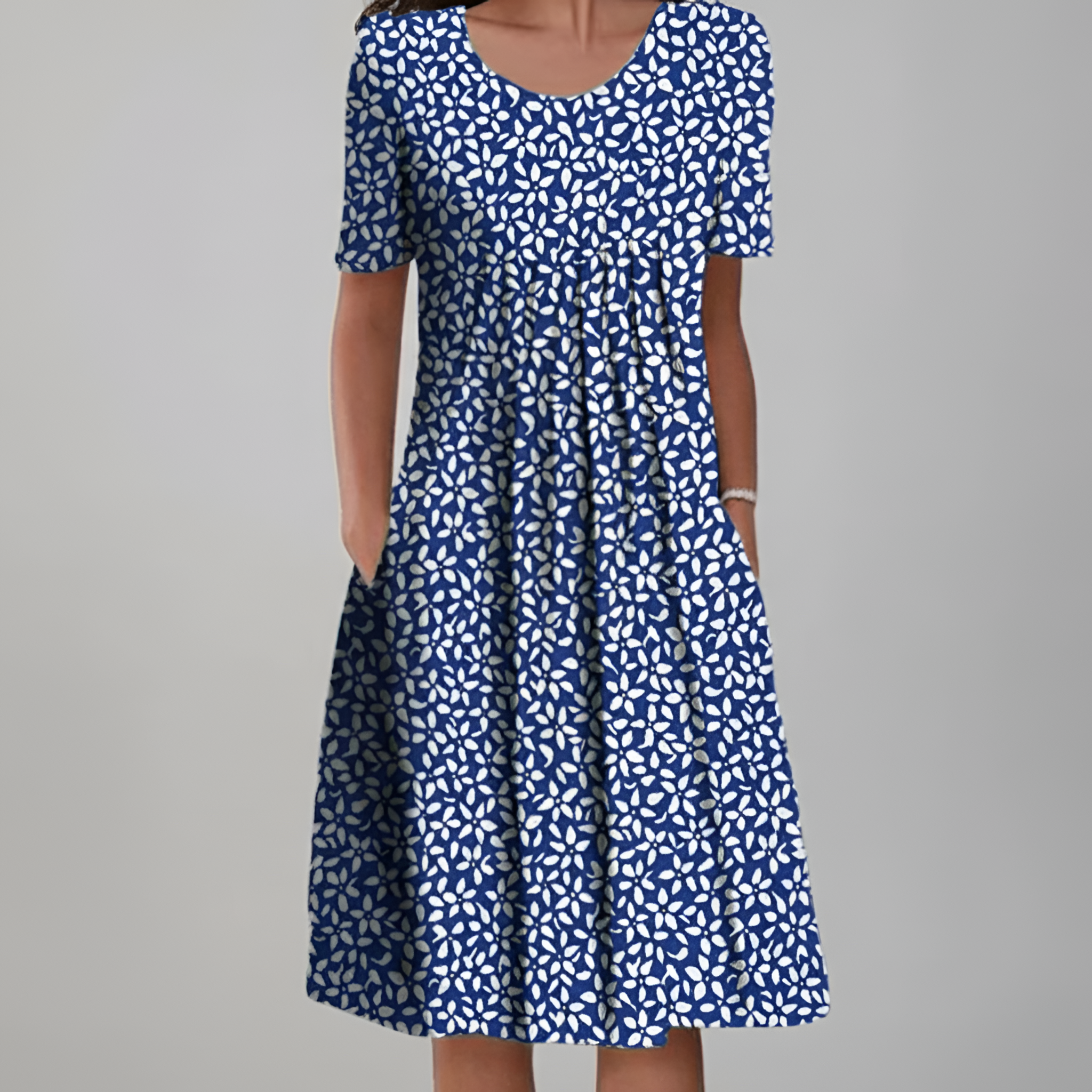 Vestido midi floral para mujer, manga corta, línea A, vestido casual de verano con bolsillos