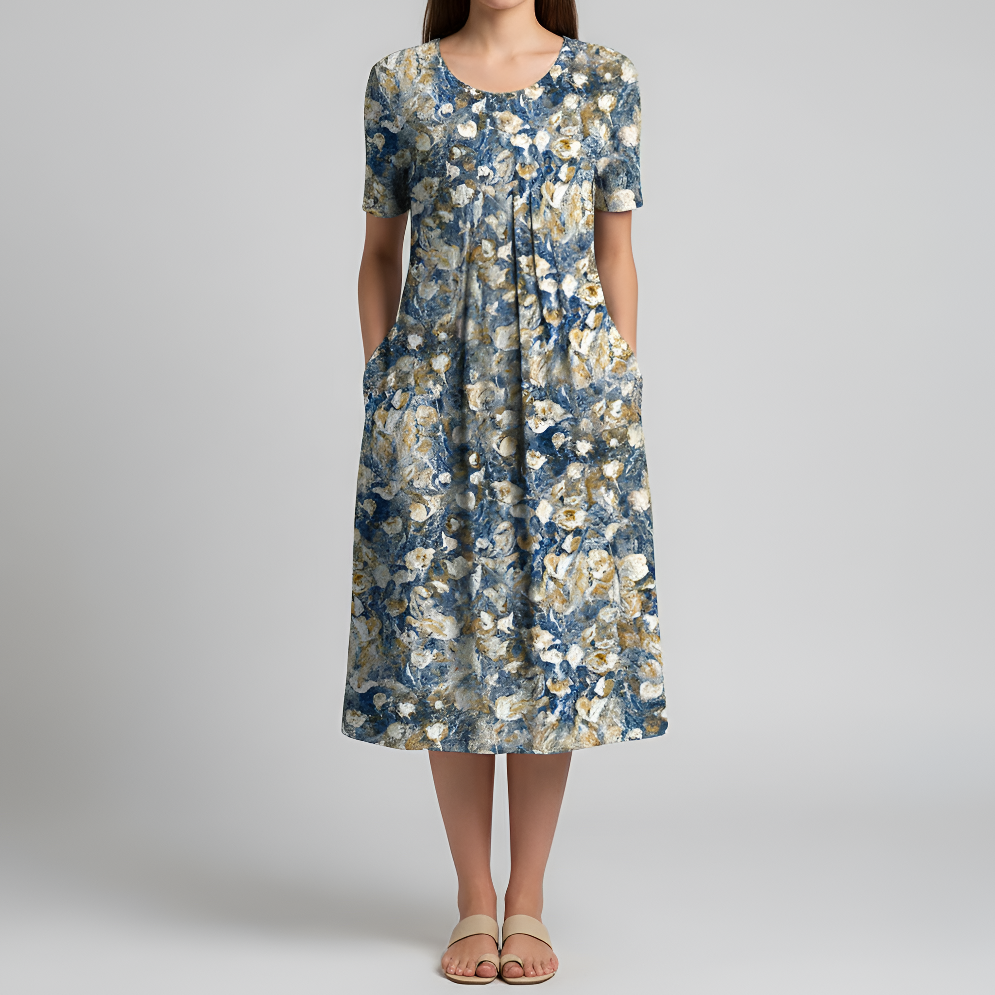 Vestido midi floral para mujer, manga corta, línea A, vestido casual de verano con bolsillos