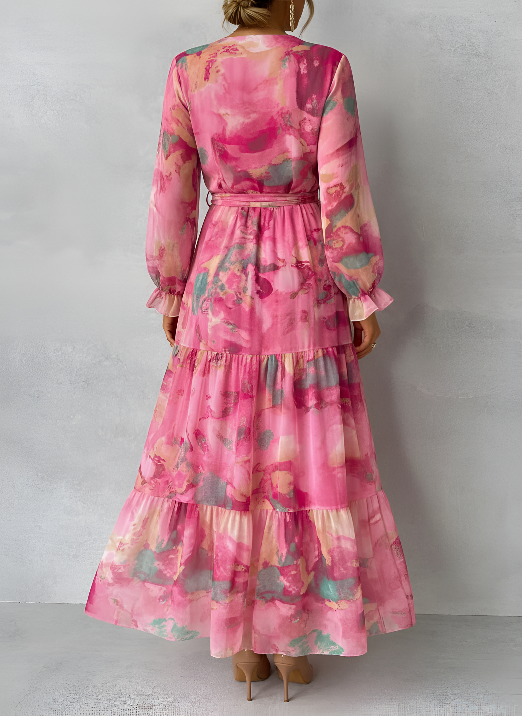 Robe longue portefeuille fleurie pour femme, manches longues, col en V, ceinturée