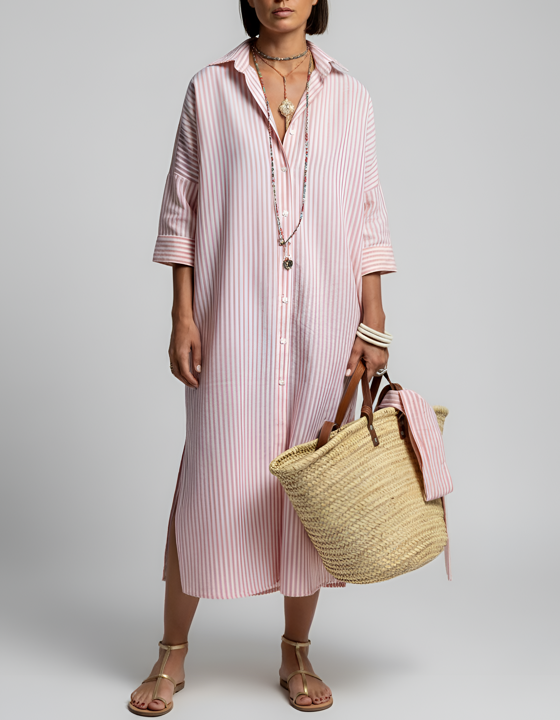 Robe chemise rayée en coton pour femme, manches longues, boutonnée, longueur midi