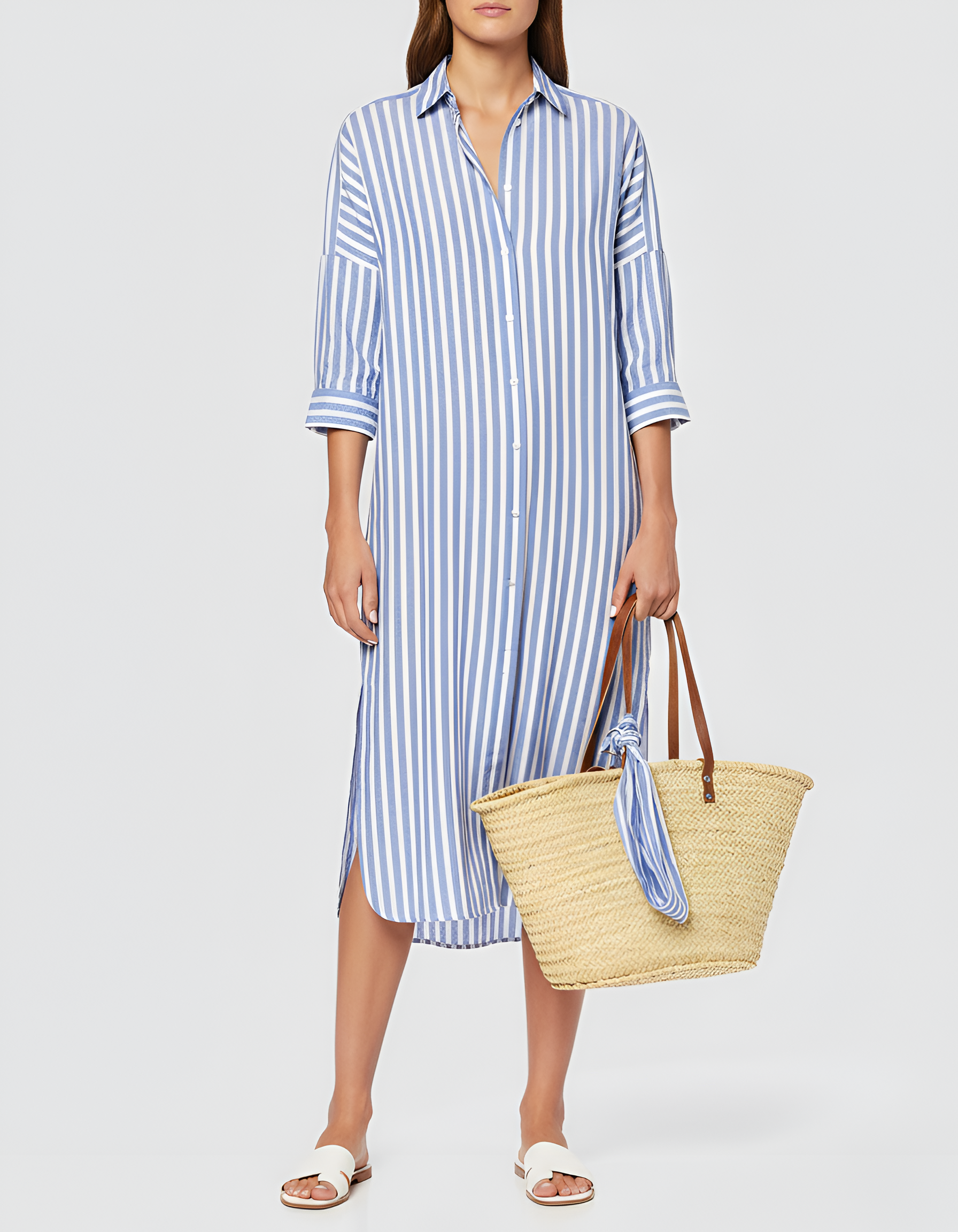 Robe chemise rayée en coton pour femme, manches longues, boutonnée, longueur midi